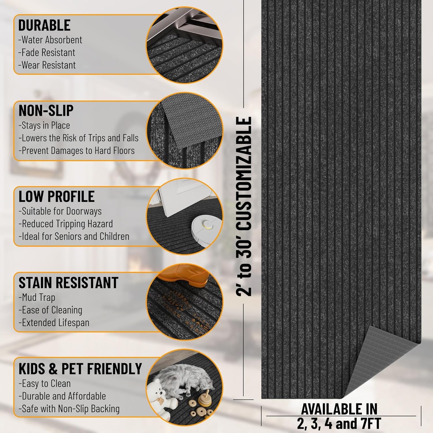 Ottomanson 2' x 35' Hallway Runner with Scraper Pile Extra Durable Non-Slip Rug Mat for Indoor & Outdoor Use - Ideal for Kitchen, Entryway, Patio & Garage - High-Traffic Carpet, Black