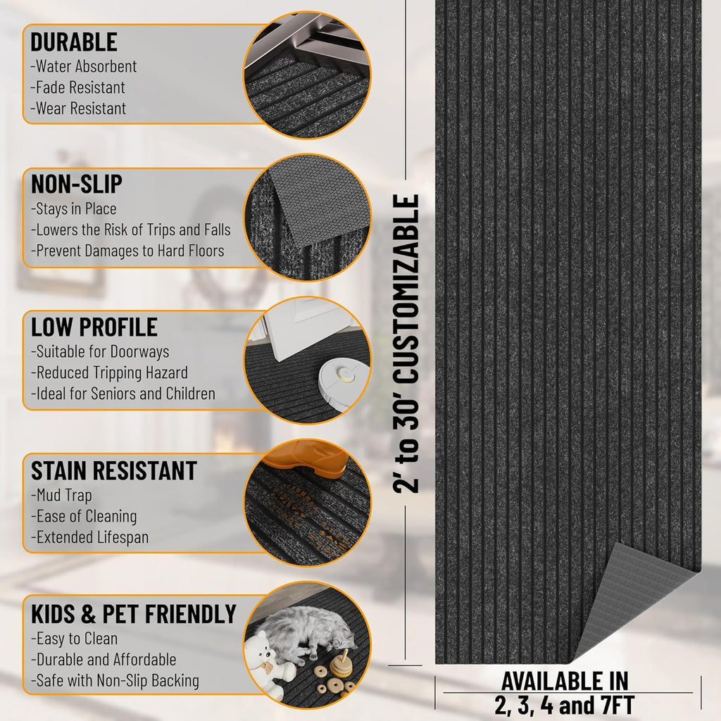Ottomanson 2' x 51' Hallway Runner with Scraper Pile Extra Durable Non-Slip Rug Mat for Indoor & Outdoor Use - Ideal for Kitchen, Entryway, Patio & Garage - High-Traffic Carpet, Black