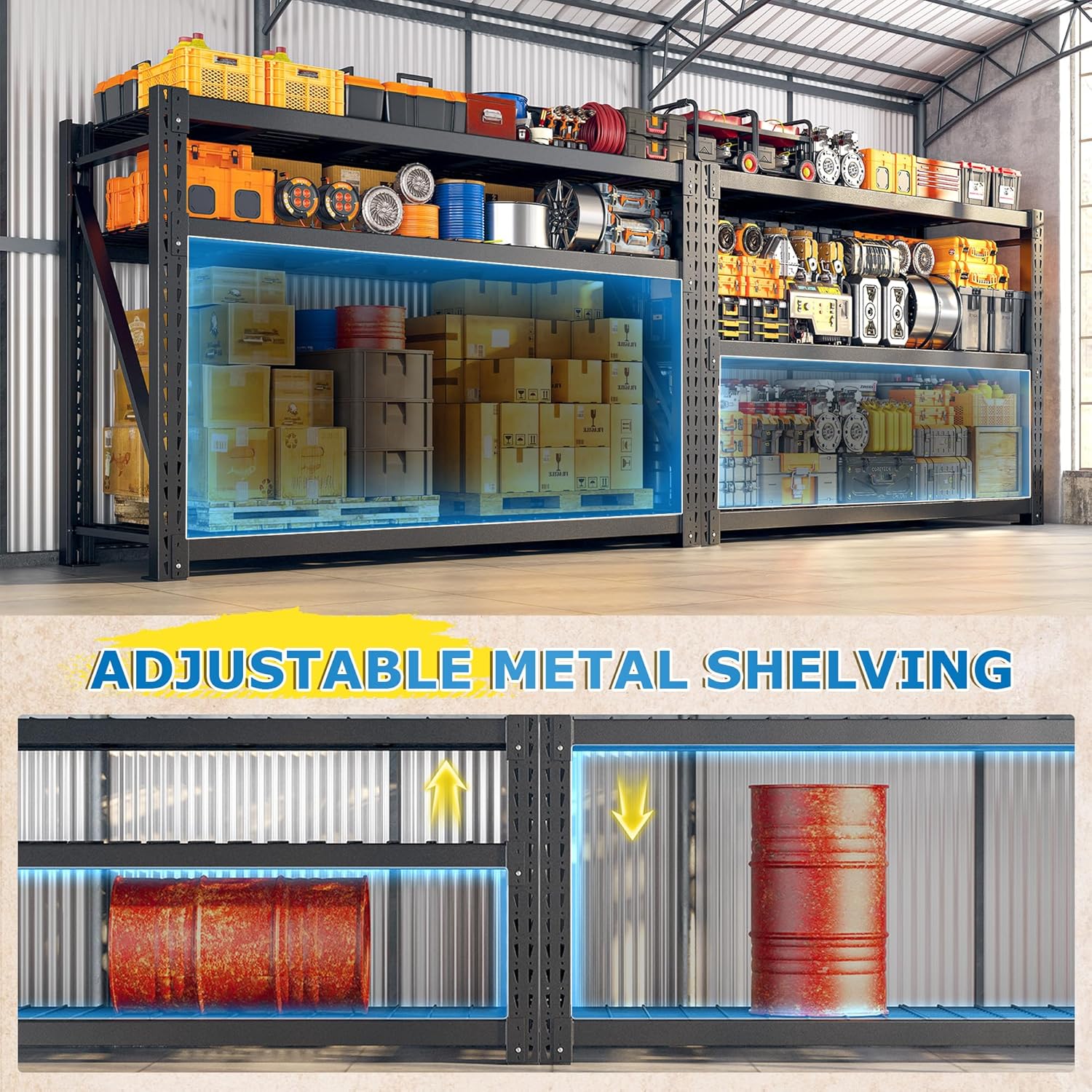 Bepatio 8250LBS Garage Shelving Heavy Duty Storage Shelves Industrial Metal Shelving Adjustable 3-Tier Shelves for Garage, Warehouse Basement Storage Room 24" D × 60" W × 66" H