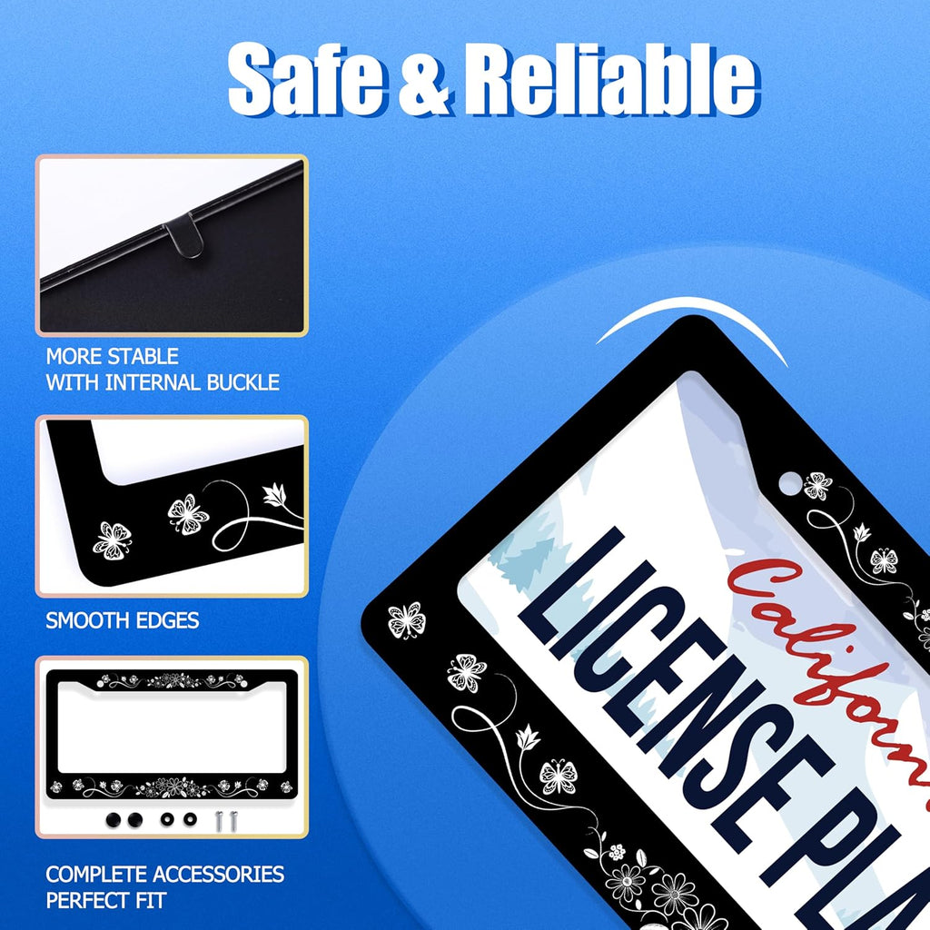 Black White Daisy Butterfly License Plate Frame Flowers License Plate Stainless Steel Funny License Plate Holder Floral Car Accessories With Screws Car Decoration 12.3"x6.3"Fits Standard Vehicles Size