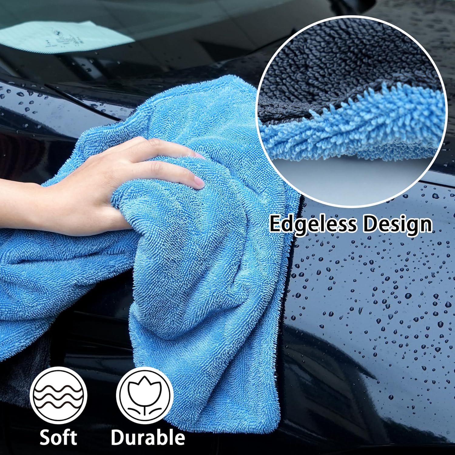 LIVOS 2 Pack Car Drying Towel, Premium Microfiber Towels for Cars, 1000GSM, Edgeless Twisted Loop Design, No Streaks, Scratches, or Water Spot, Absorbent Wash Towel, 18" x 24" (Blue&Grey)