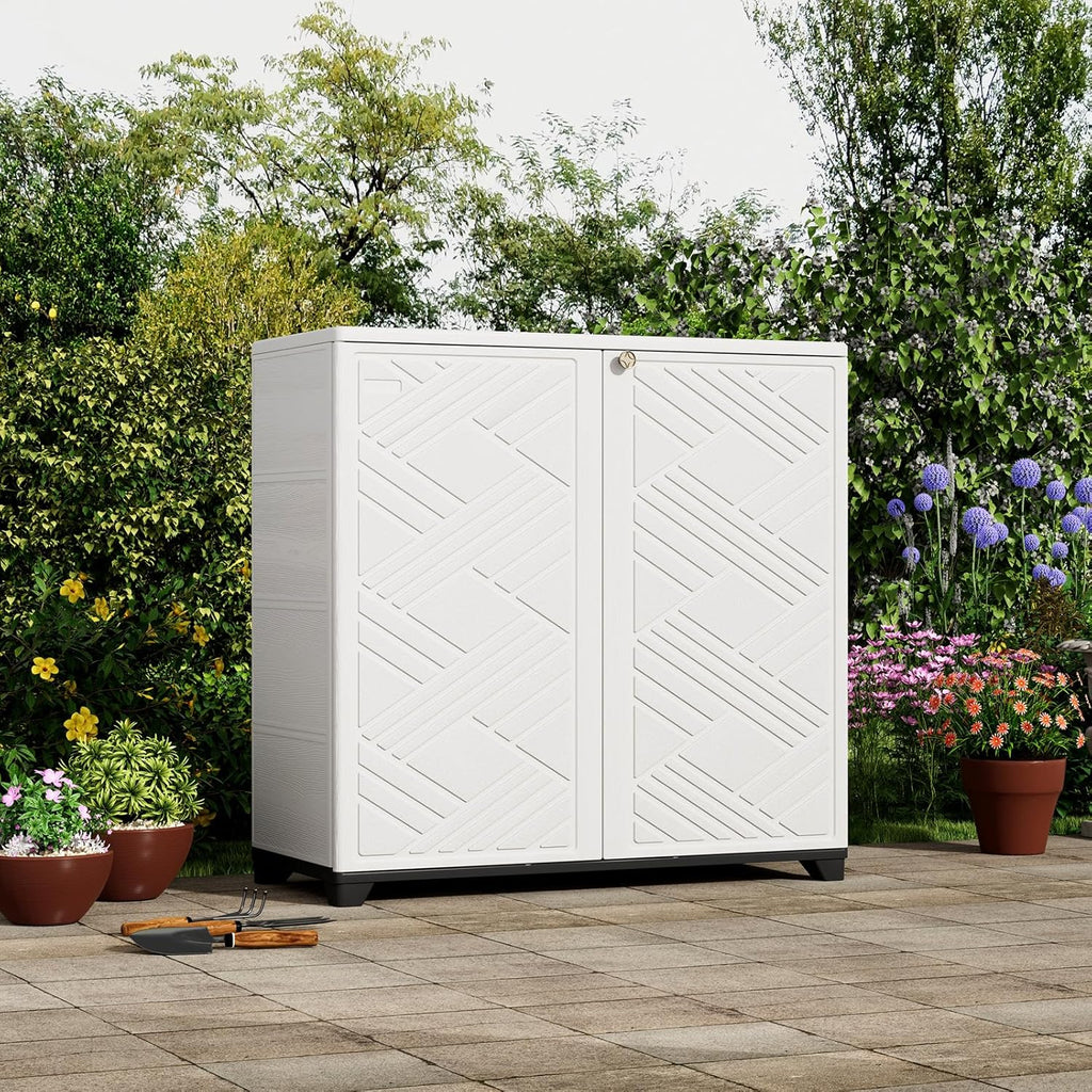 ZZM Indoor/Outdoor Storage Cabinet Waterproof, 34"x15"x34" Plastic Outdoor Storage Box for Garden Balcony Bathroom, All Weather Outdoor Storage Clearance, DIY Usage, with 1 Shelf (White)