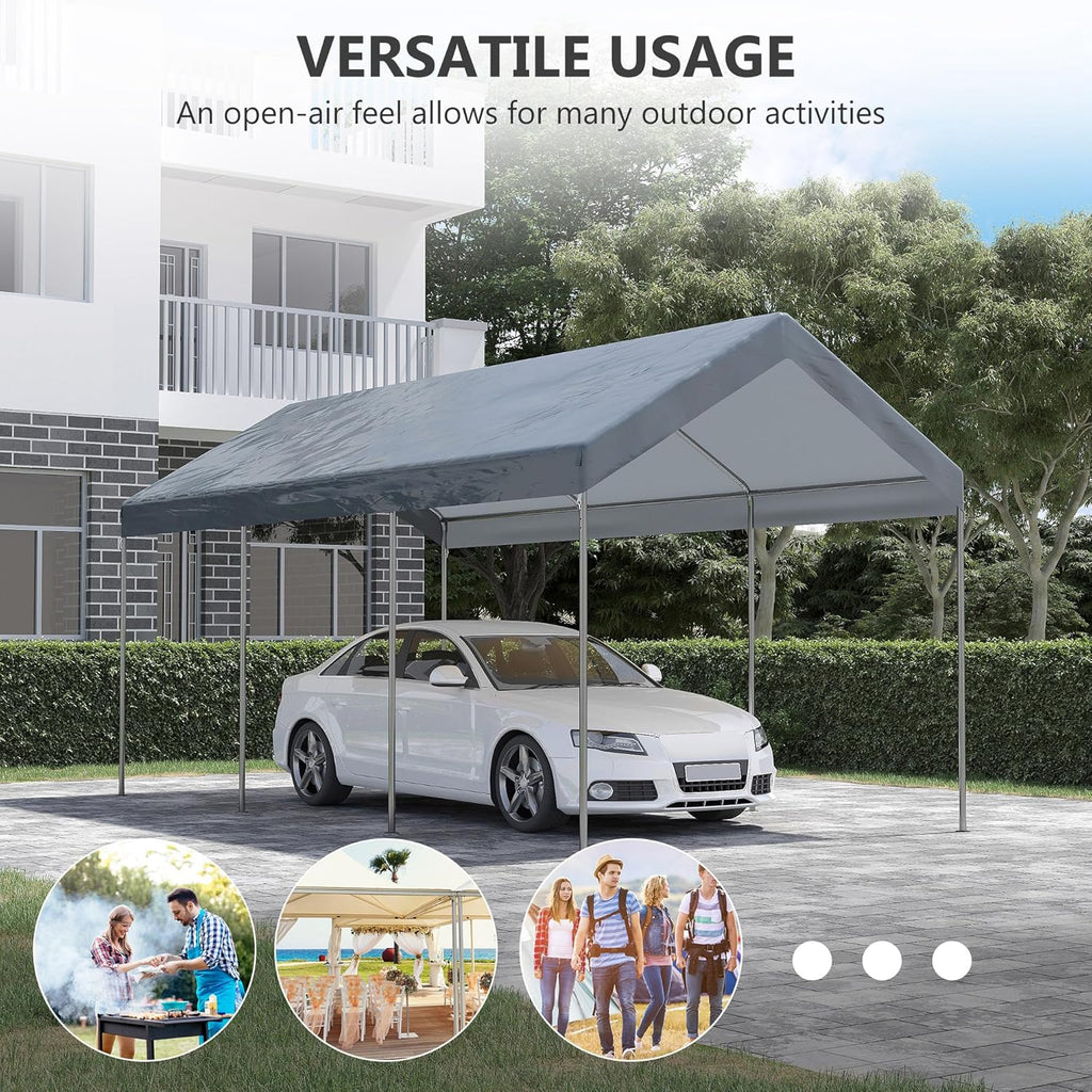 Outsunny 10' x 20' Party Tent and Carport, Height Adjustable Portable Garage, Outdoor Canopy Tent 8 Legs Without Sidewalls for Car, Truck, Boat, Motorcycle, Bike, Garden Tools, Gray