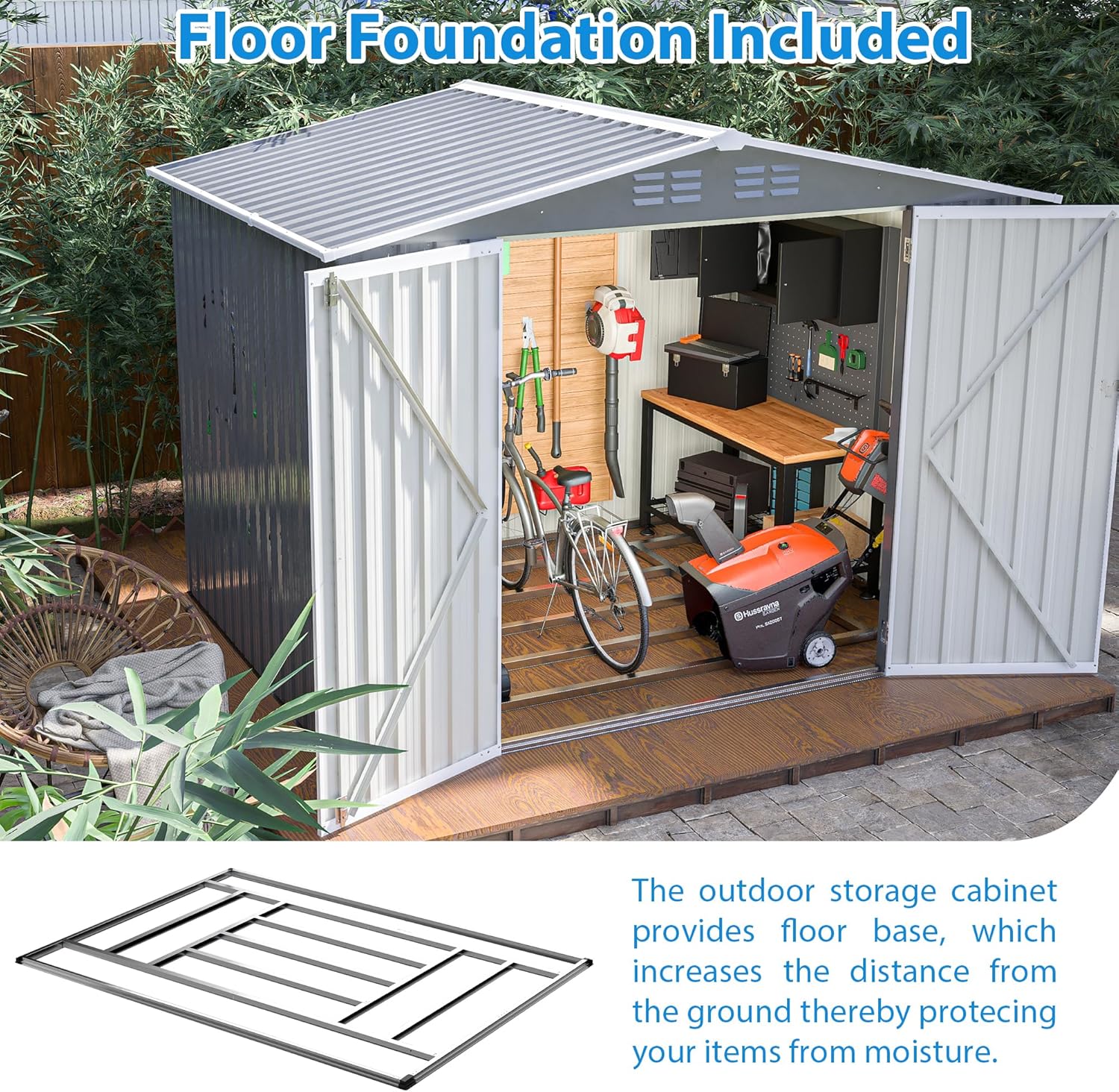 8x6 FT Outdoor Tool Storage Shed with Metal Foundation & Lockable Doors, All Weather Metal Sheds for Garden, Patio, Backyard, Lawn,
