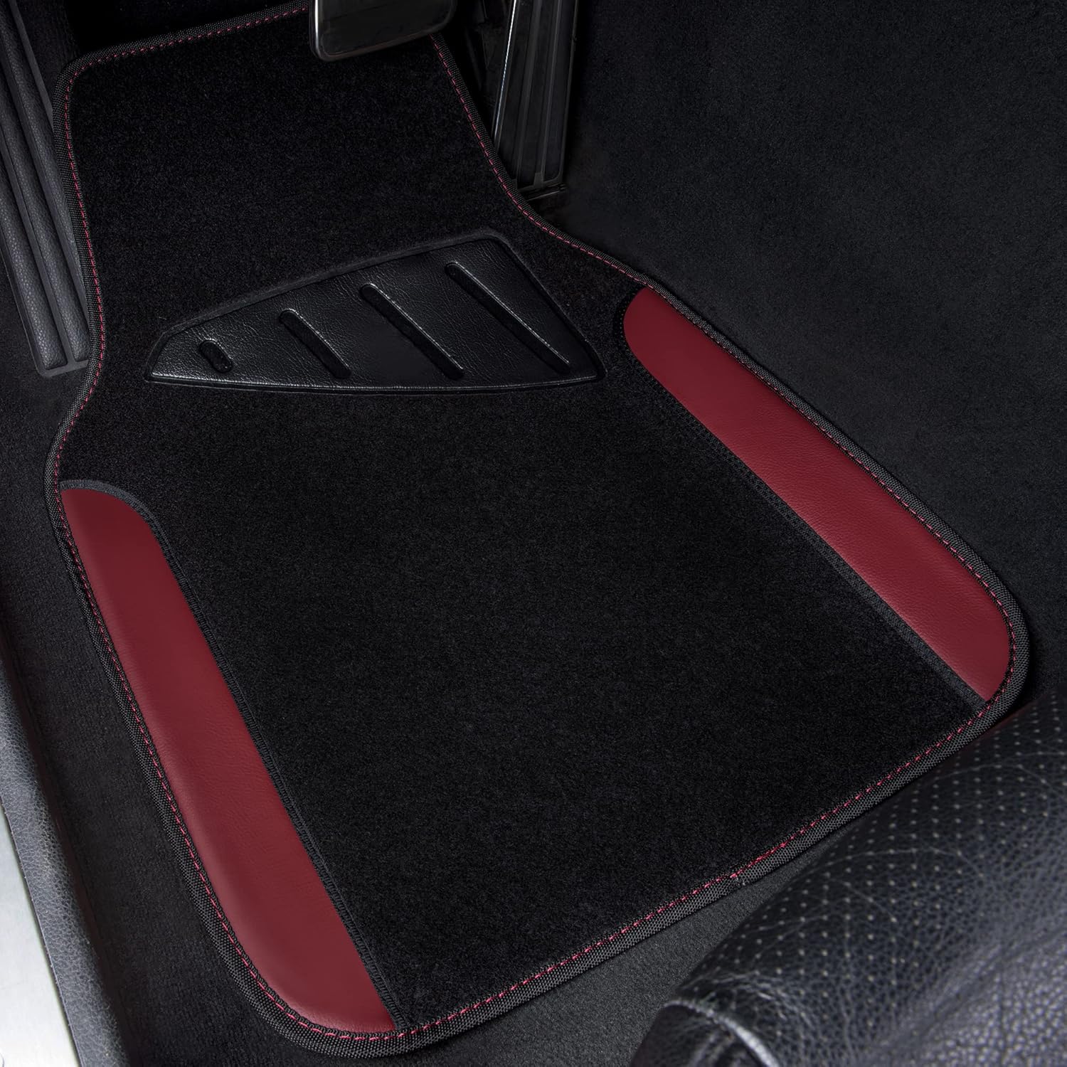 CAR PASS Waterproof Universal Fit Car Floor Mats, Car Mats Fit for SUV,Vans,sedans, Trucks,Set of 4pcs Car Carpet with Driver Heel Pad（Black and Burgundy）