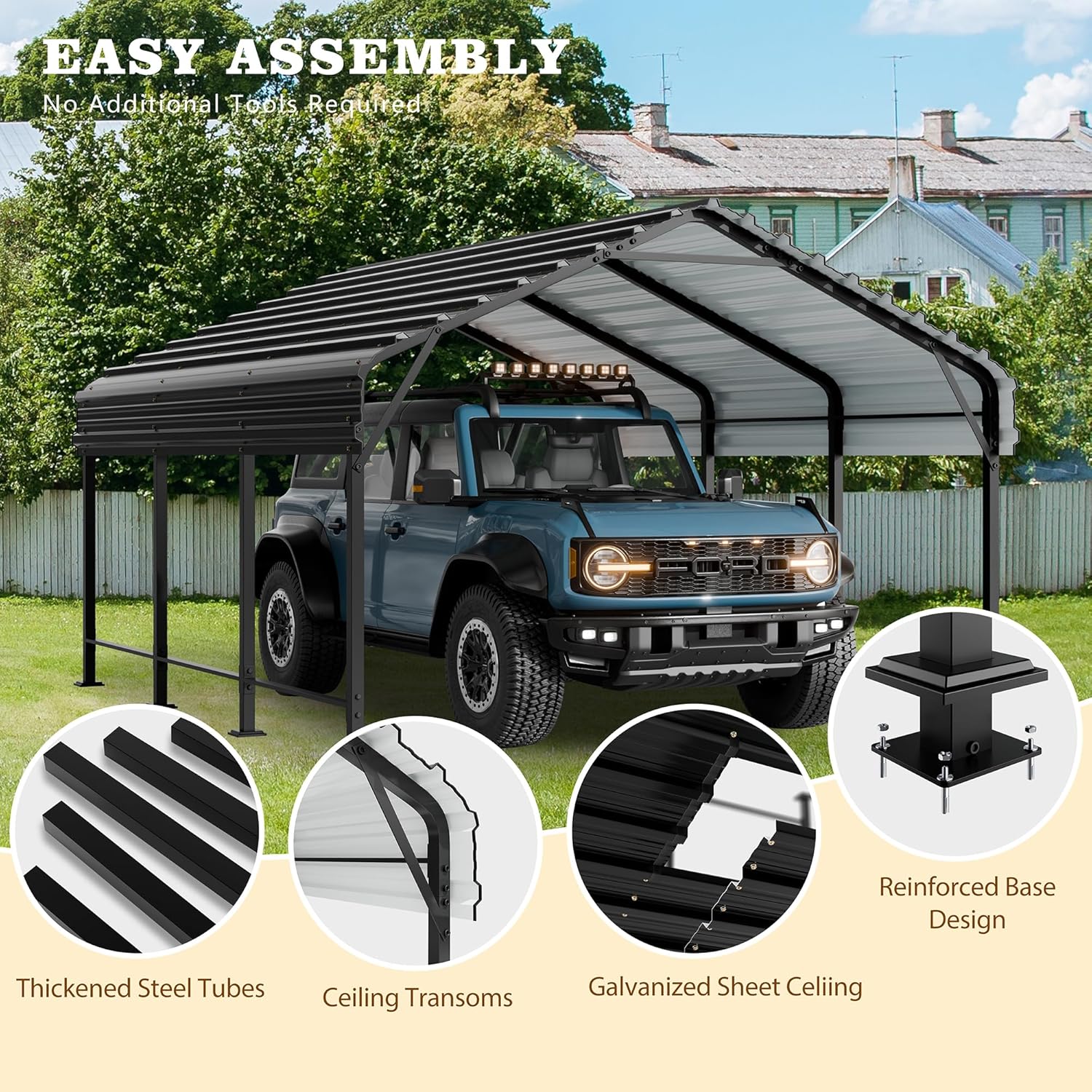 Walsunny Metal Carport 12x15 FT Heavy Duty Carport Canopy with Enhanced Base, Outdoor Car Shelter with Galvanized Steel Roof and Frame Garage for Truck, SUV, Boat, Gray