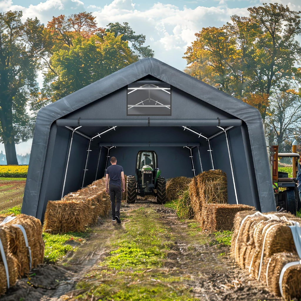PHI VILLA 13'X22'X9.6' Outdoor Portable Storage Shelter Shed Garage with Roll up Zipper Doors & Vents Carport for Motorcycle Waterproof and UV Resistant Anti-Snow Portable Garage Kit Tent, Gray