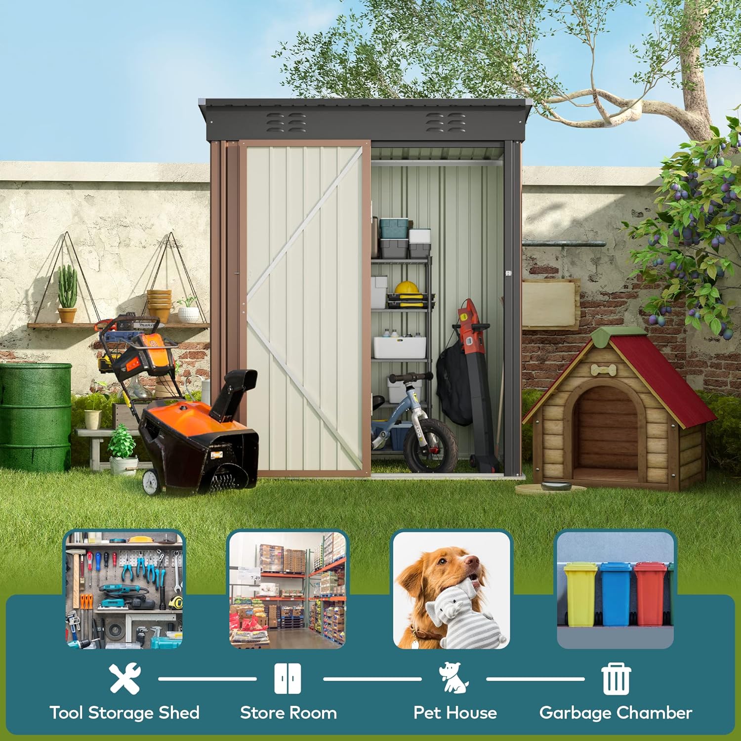 Gizoon 5' x 3' Outdoor Storage Shed with Singe Lockable Door,Galvanized Metal Shed with Air Vent Suitable for The Garden,Tiny House Storage Sheds Outdoor for Backyard Patio Lawn-Brown