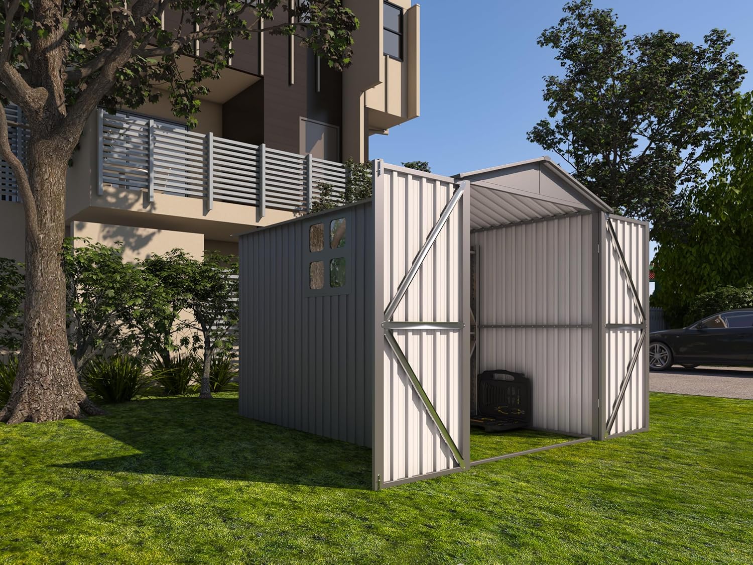 Motorcycle Steel Storage Shed with Window & Tracks,Outdoor Weather-Resistant Storage Box for Bikes, Tools, Sports Equipment,Easy Assembly, 121" W Gray