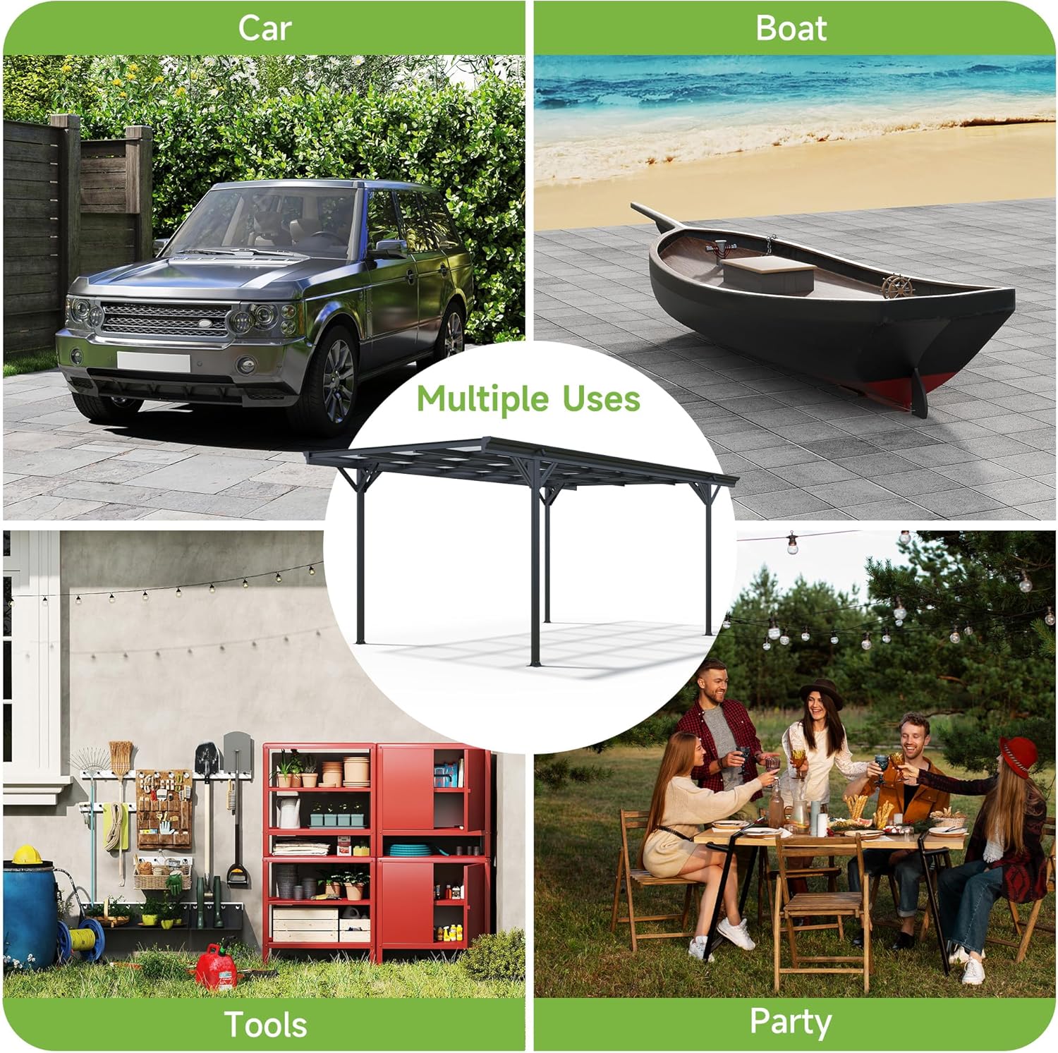 Real Relax 10×16ft Heavy Duty Carport, Pitched-Roof Polycarbonate Panel Canopy, Garage for Trucks, SUVs and Boats, All-Weather Outdoor Storage Car Port, Gray