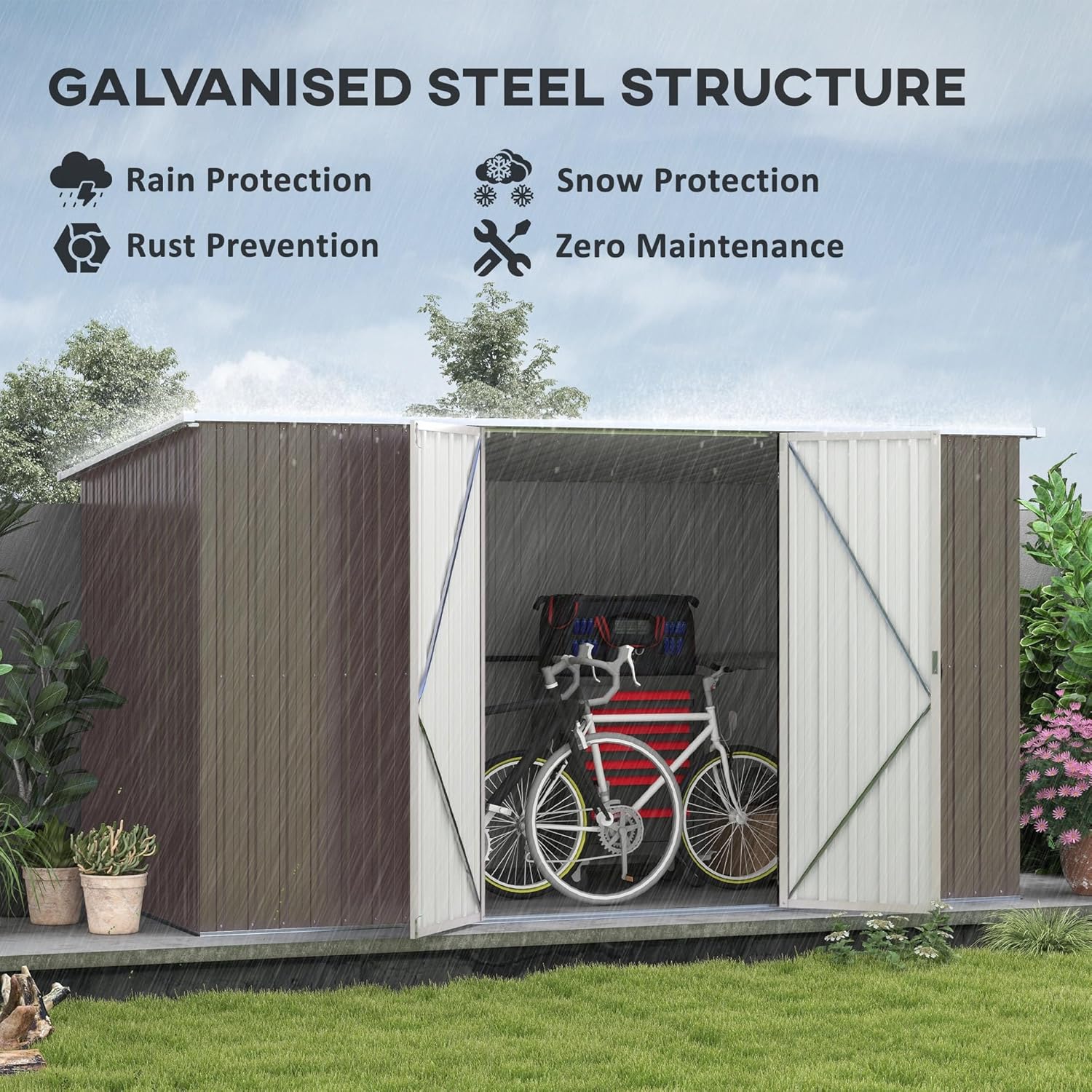 Outsunny 11' x 6' Outdoor Storage Shed, Galvanized Metal Utility Garden Tool House, 2 Vents and Lockable Door for Backyard, Bike, Patio, Garage, Lawn, Light Gray