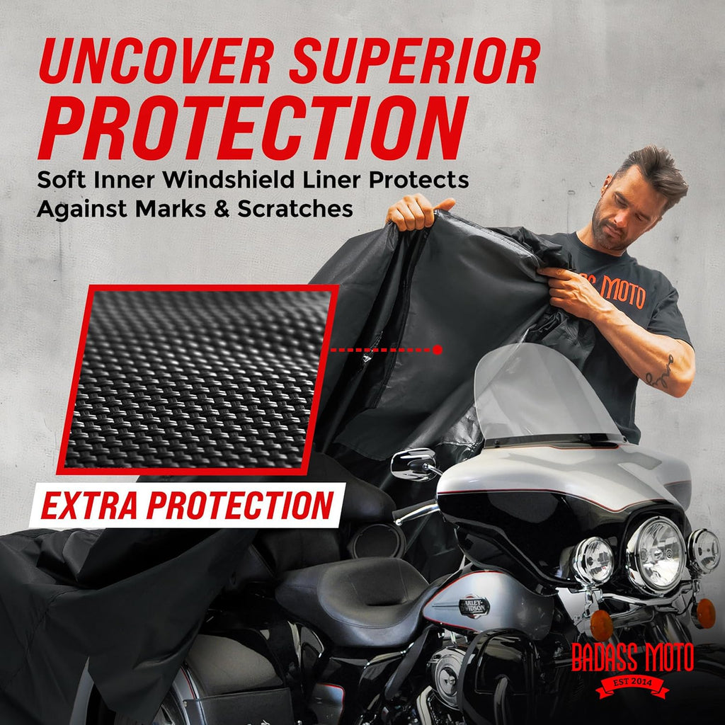 Badass Moto Fits Harley Davidson Trike Cover - Ultimate Heavy Duty Waterproof Motorcycle Cover Outdoor Storage for Tri Glide Ultra, HD Road Glide 3, Freewheeler - Triglide, Harley Trike Accessories