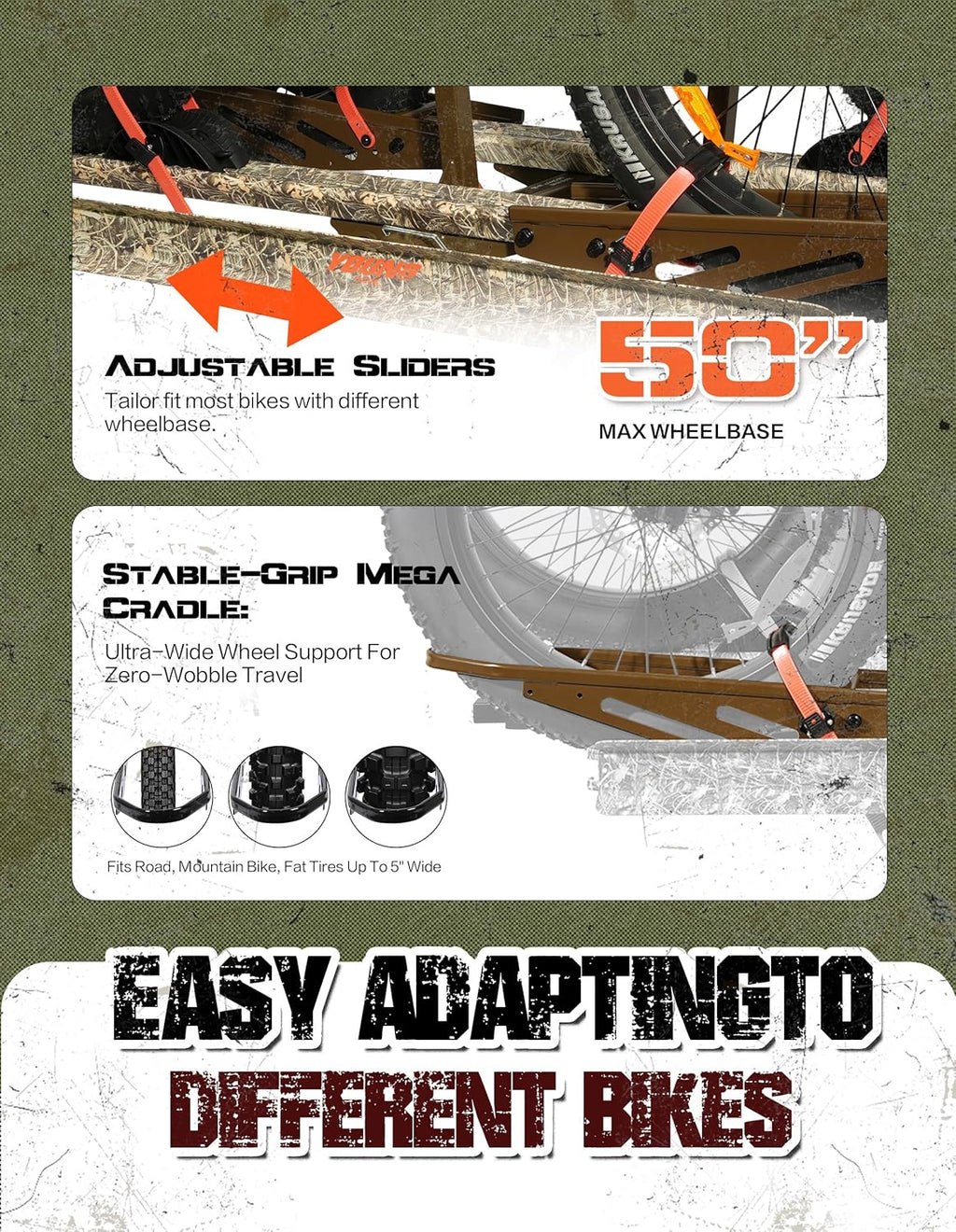 Young Hitch Bike Rack for 2 E-Bikes, Heavy Duty Platform Carrier, 200lbs Capacity, Foldable, Fat Tire, Electric Bike, Hitch Mount, SUV, Truck, RV, Car, 2" Receiver, Anti-Wobble, Camo