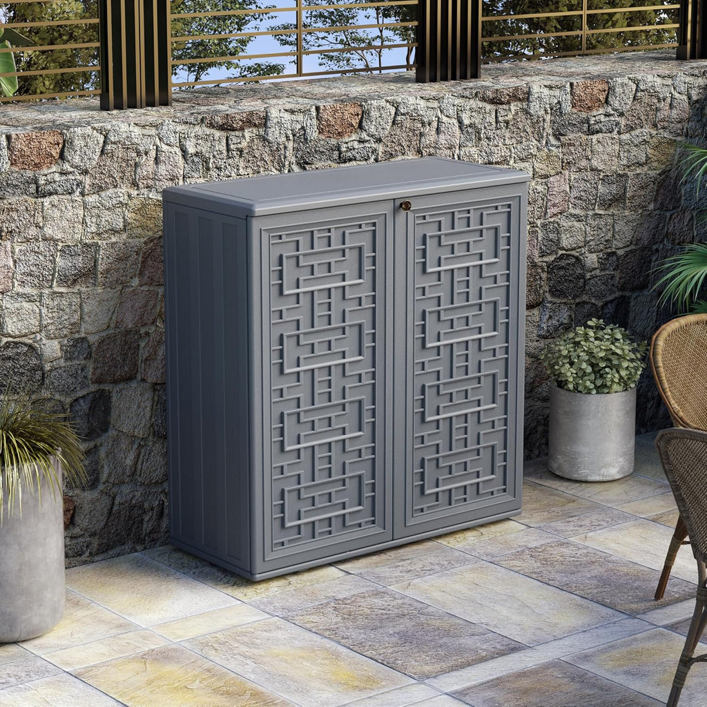 Indoor Outdoor Storage Cabinet Waterproof with Shelf,Plastic Storage Sheds Outdoor Cabinets for Patio/Garden/Backyard, Size 34.3''L*15''W*36.2''H（Gray）