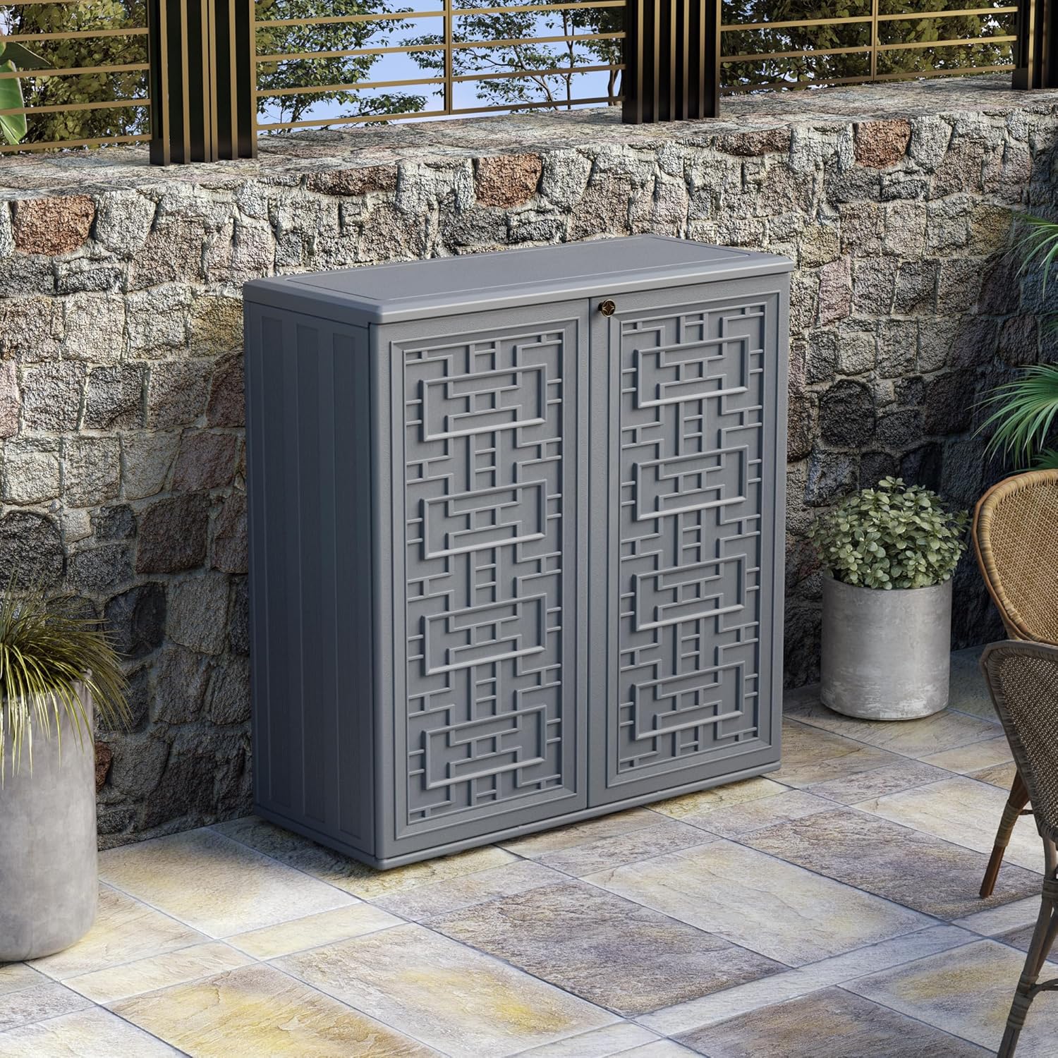 Indoor Outdoor Storage Cabinet Waterproof with Shelf,Plastic Storage Sheds Outdoor Cabinets for Patio/Garden/Backyard, Size 34.3''L*15''W*36.2''H（Gray）