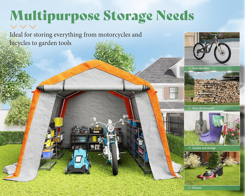 AMERLIFE 10.5x12x8 FT Heavy Duty Portable Shed Storage Shelter, Outdoor Storage Shed with 4 Waterproof Windows & Roll-up Zipper Door, Carport for Motorcycle, Bike, Grey