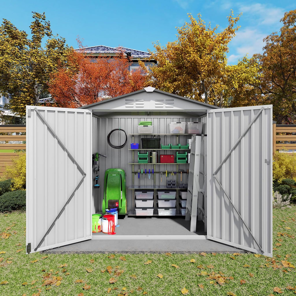 6 x 4 FT Outdoor Storage Metal Shed, Bike Garden Tool Shed with Slooping Roof, Lockable Doors and Aluminum Frames, Shed Easy to Assemble for Garden, Patio, Lawn, White