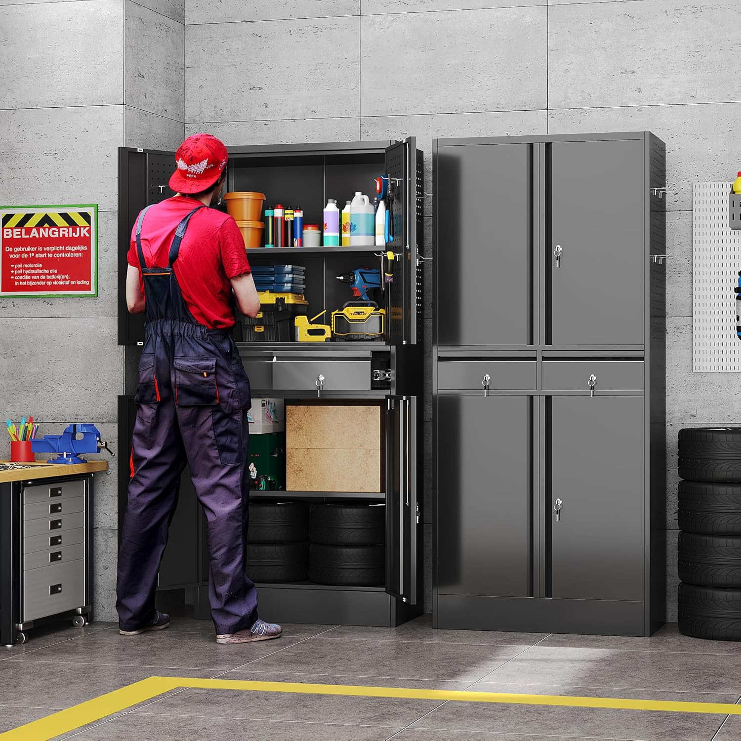 71" Metal Garage Storage Cabinet with 8 Hooks and Pegboards,2 Drawer Tool Storage with Locking Doors and Adjustable Shelves,Heavy Duty Steel Tool Cabinet for Garage, Warehouse