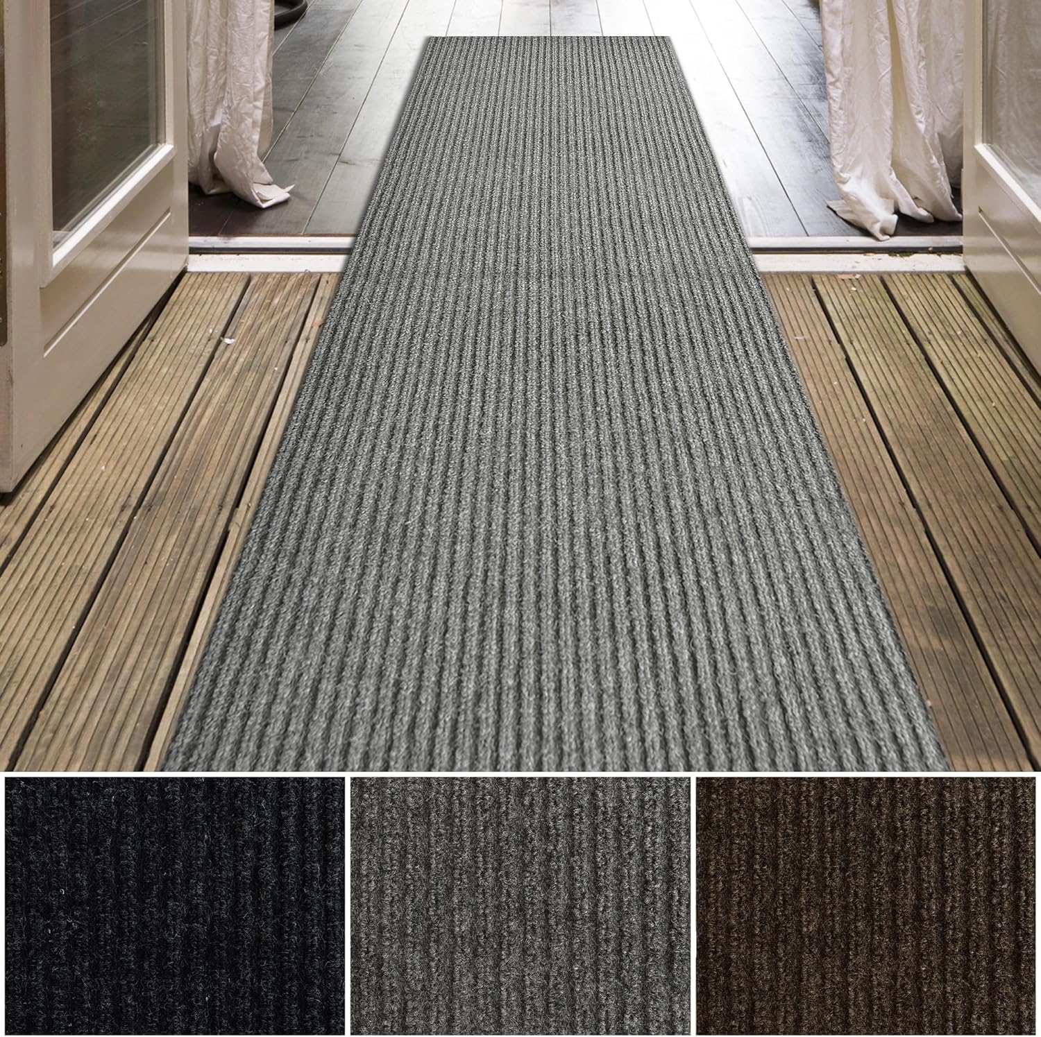iCustomRug Spartan Weather Warrior Indoor/Outdoor Utility Ribbed Carpet Runner with Non-Slip Thermoplastic Rubber Backing, 3ft X 28ft in Grey