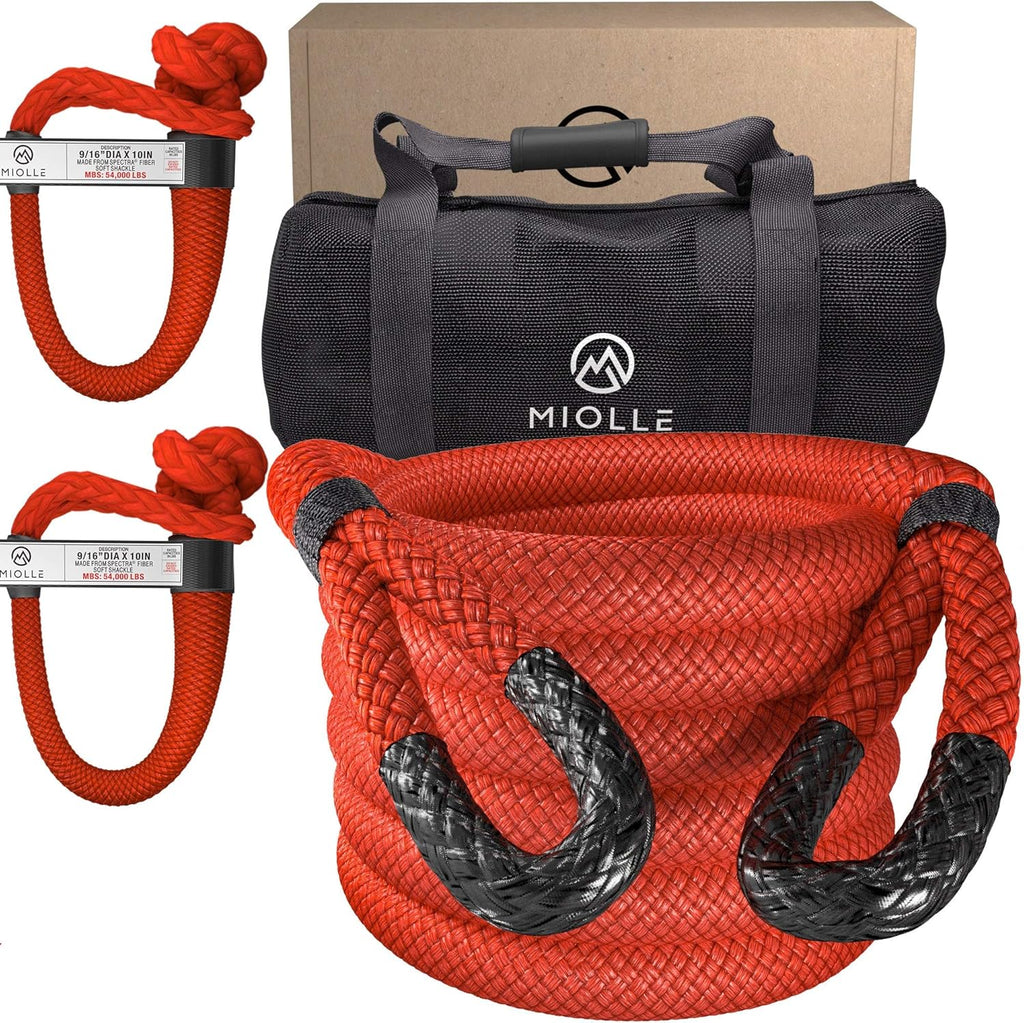 MiolleGear Heavy Duty Kinetic Recovery Tow Rope (Firecracker RED, 1-1/4"x30) (53000 lbs) with 2 Soft Shackle USA Spectra 9/16' x 10" (54000 lbs)