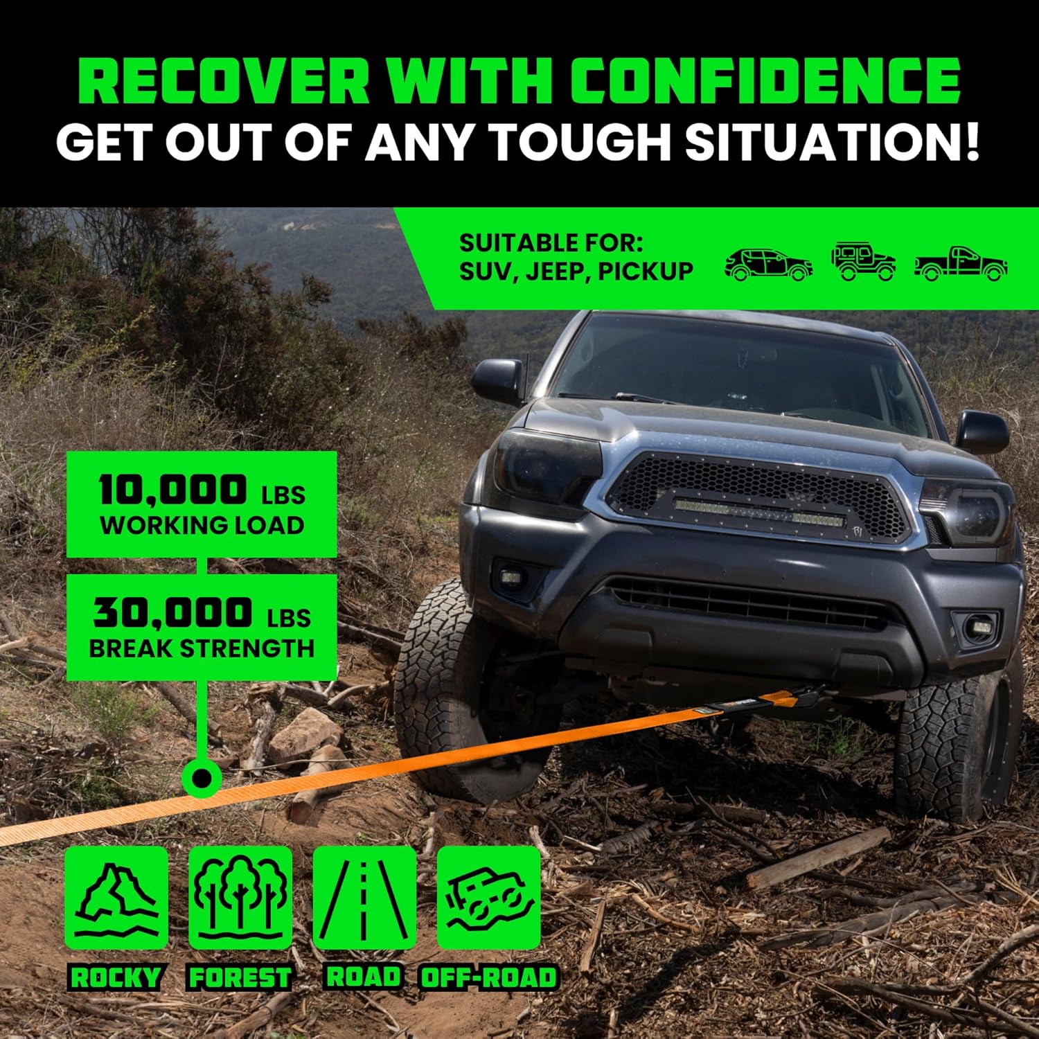 Rhino USA Recovery Tow Strap (3"x20')- 31,518lb Break Strength- Emergency Recovery Strap Tow Rope for Truck, UTV, ATV & More- Heavy Duty Towing Strap for Offroad 4x4 Use- Compatible with Jeep (Orange)