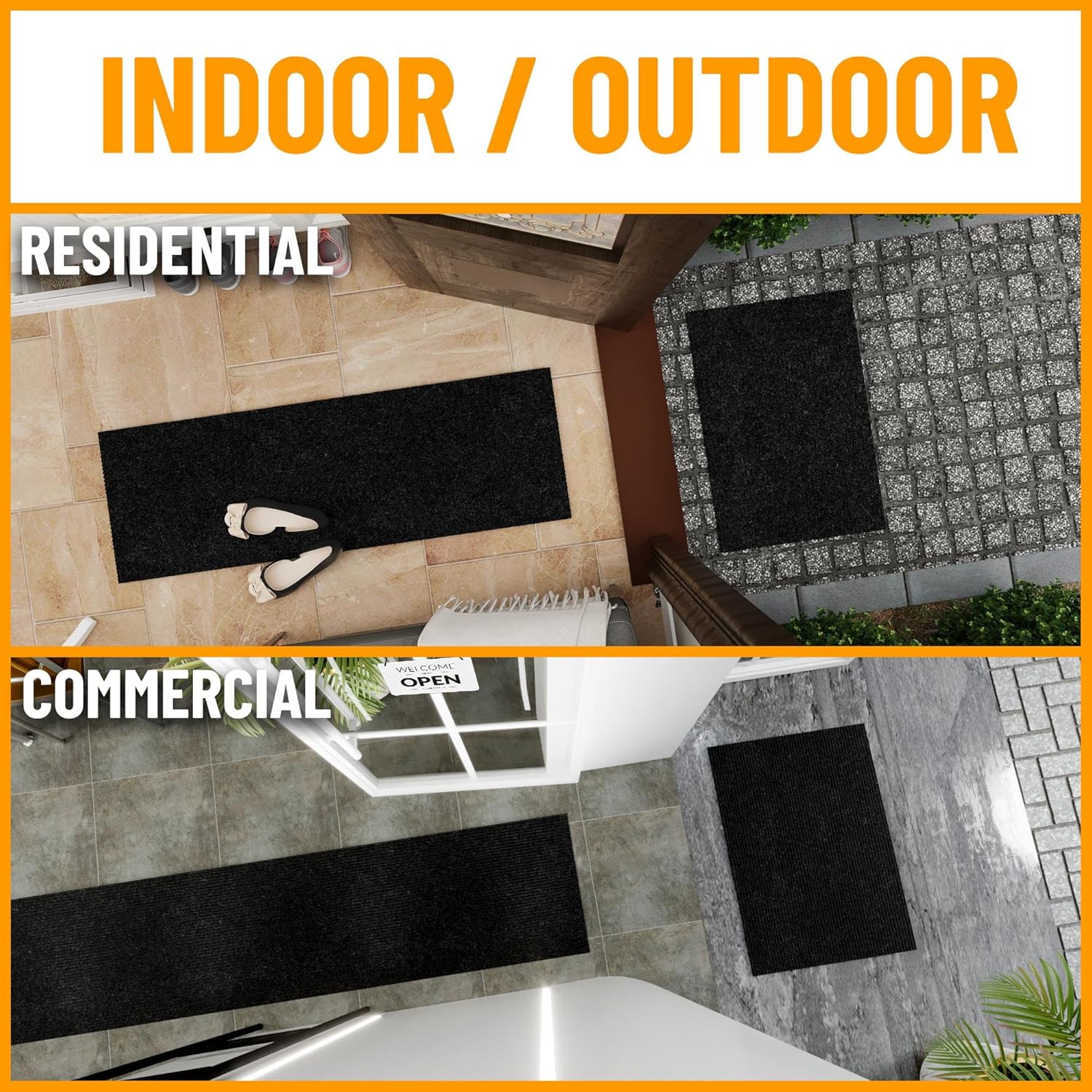 Ottomanson 2'7" x 48' Hallway Runner with Scraper Pile - Extra Durable Non-Slip Rug Mat for Indoor & Outdoor Use - Ideal for Kitchen, Entryway & Garage - High-Traffic Carpet, Black