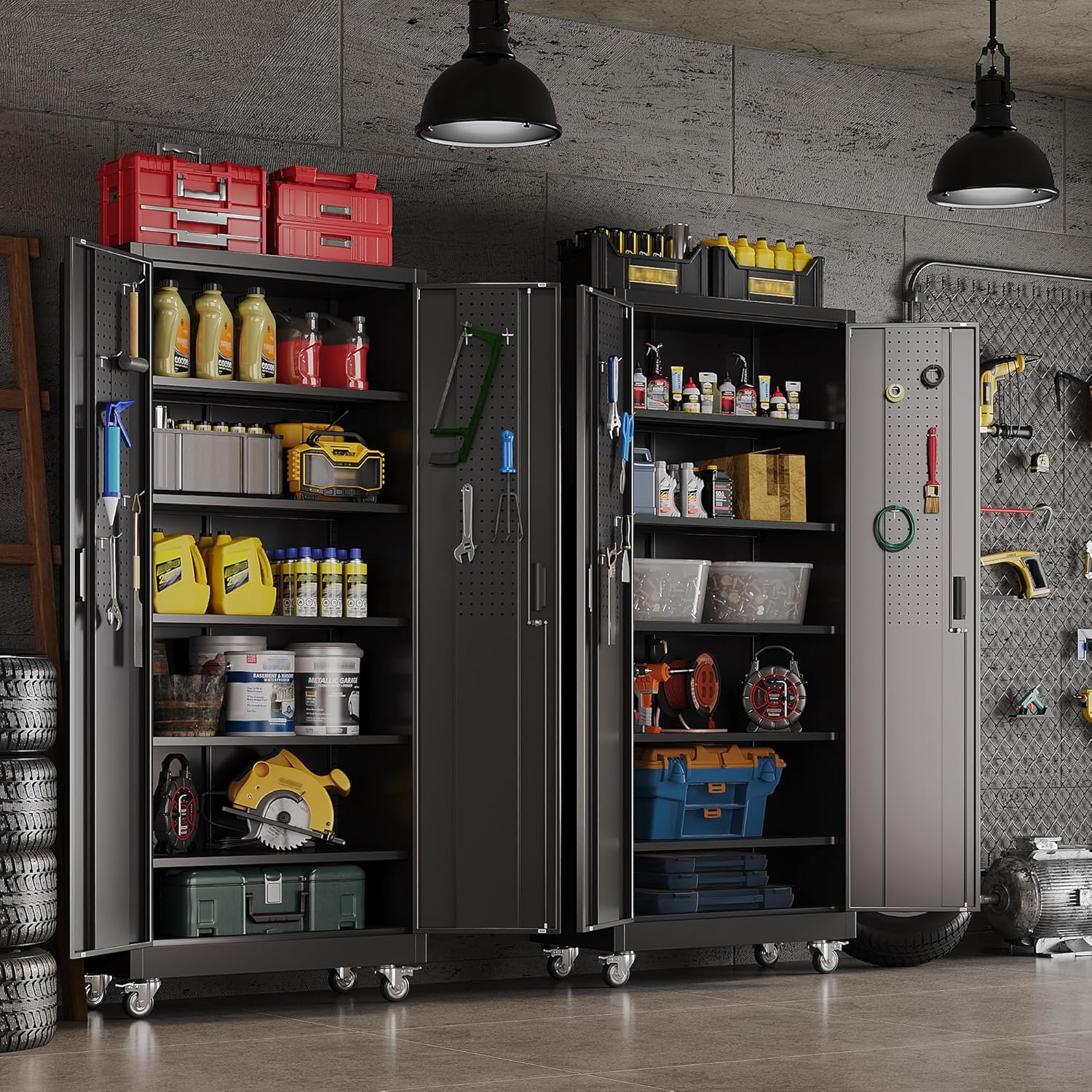 Garage Storage Cabinet with Wheels Pegboard and 5 Adjustable Shelves, 71'' x 32'' x 16''Metal Lockable Cabinet with Magnetic Doors,Tool Storage,Home Office Garage,Gym,School (Black)