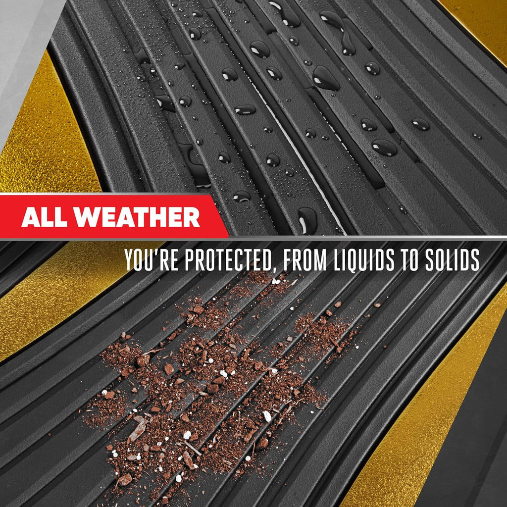 Motor Trend ChromeTech Car Floor Mats Full Set - Durable Rubber Floor Mats for Cars with Two Tone Accent, All Weather Interior Protection for Front and Rear with Non-Slip Backing, Black/Gold