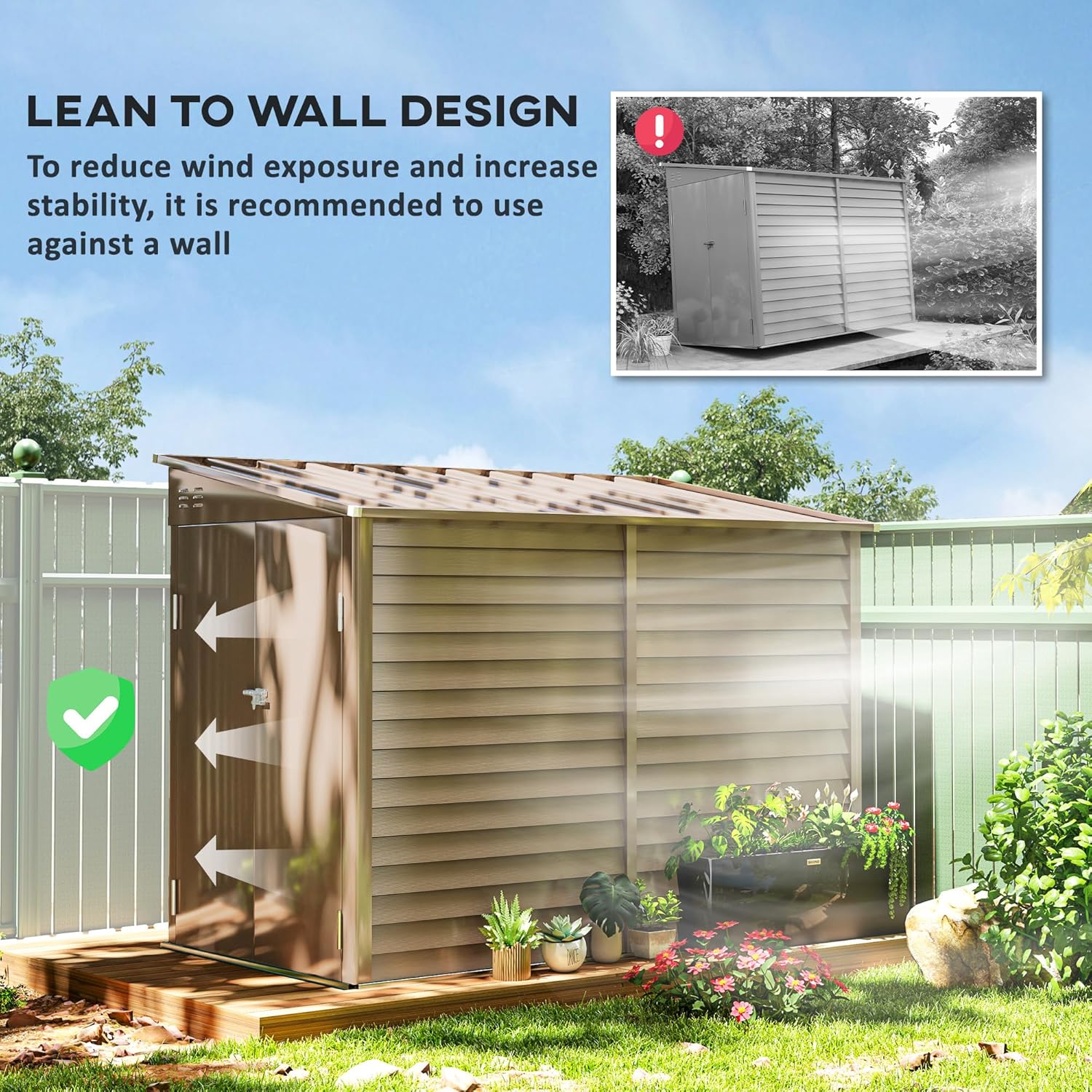 Outsunny 4.6' x 9' Steel Outdoor Storage Shed, Lean to Shed, Metal Tool House with Foundation Kit, Lockable Doors, Gloves and 2 Air Vents for Backyard, Patio, Lawn, Brown