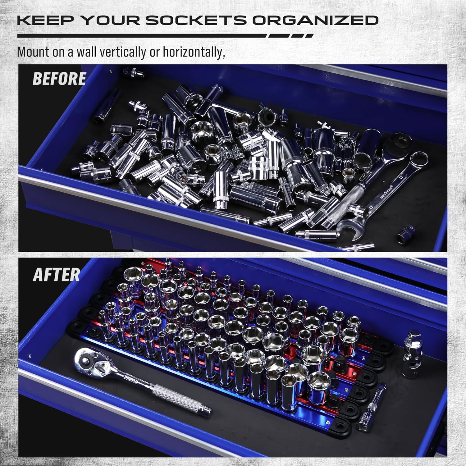 Magnetic Socket Holder Organizer Set: 6-Piece Detachable 1/4, 3/8, 1/2 Socket Trays Socket Organizer for Tool Box Drawer Holds 80-Piece Standard Size Sockets for Automotive Mechanic Garage(Red Blue)