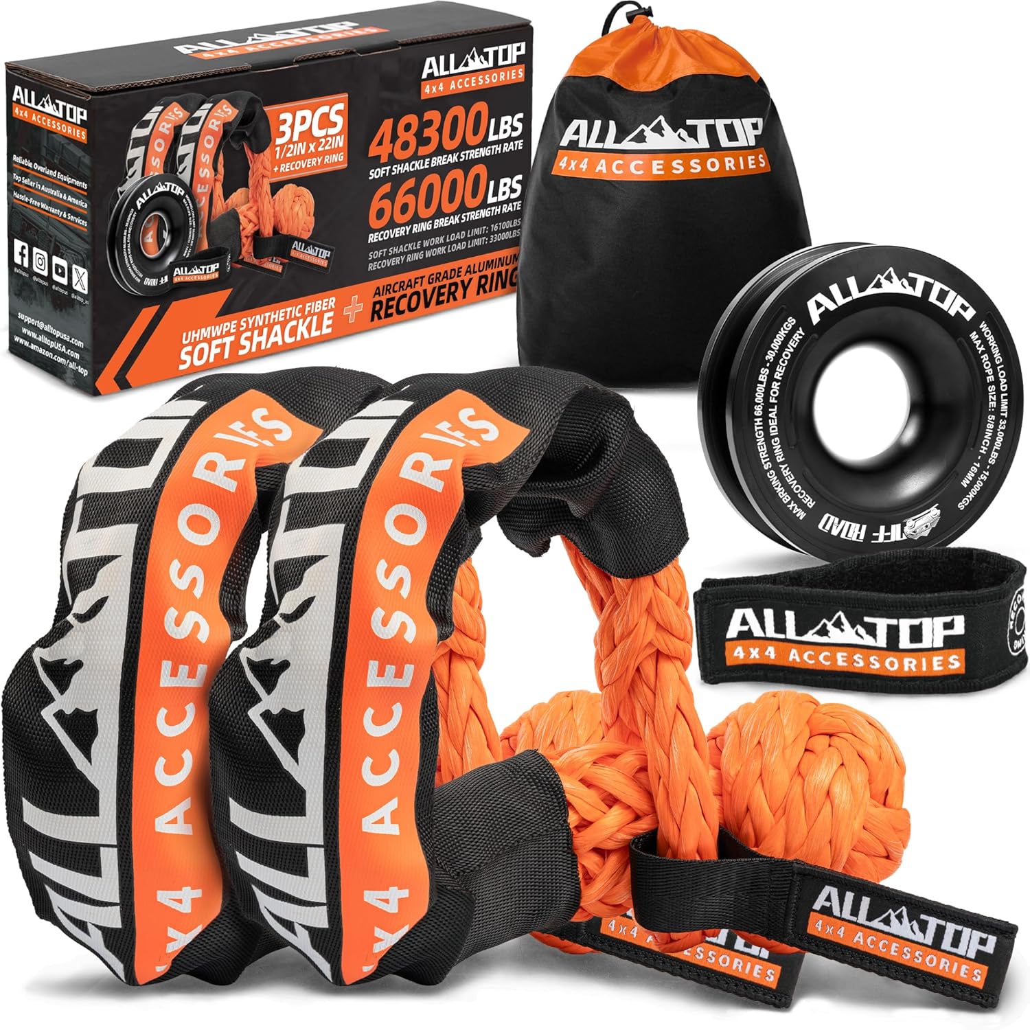 ALL-TOP Synthetic Soft Shackle & Recovery Ring Kit (2PCS 1/2in x 22in - 48300LBS Shackles + 1 Snatch Pulley Ring) for Winch Tackle Pulley System