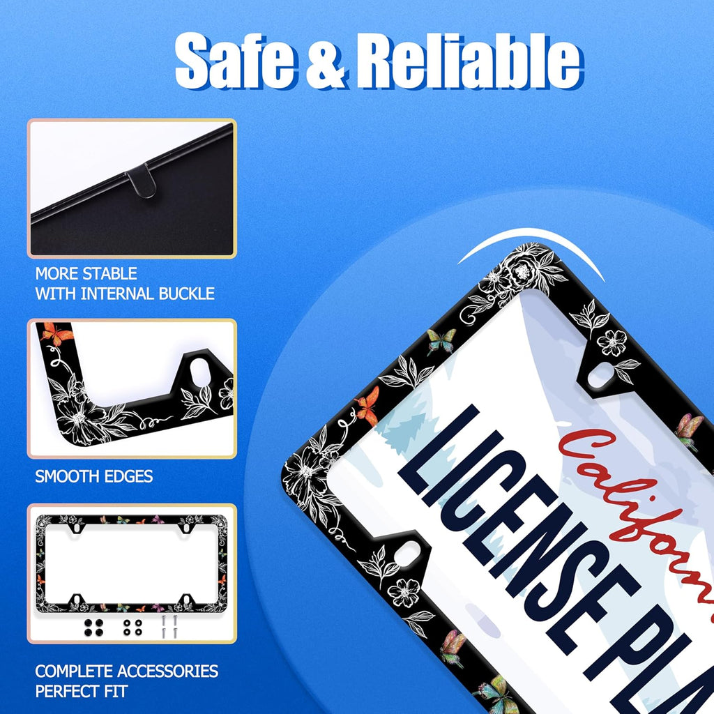 Butterfly License Plate Frame Wild Flower License Plate Holder Stainless Steel Women Colorful Car Accessory Decoration