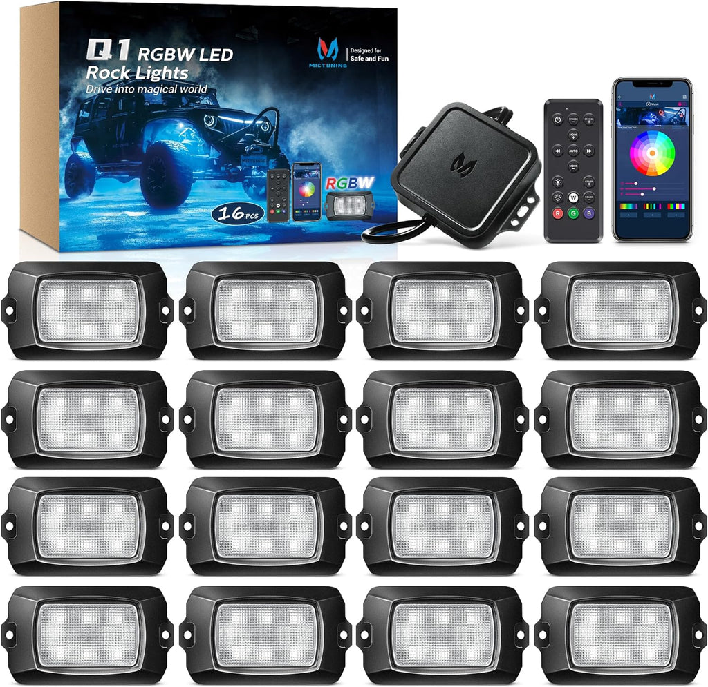 MICTUNING Q1 RGBW Rock Lights, 16 Pods Pure Color Underglow Neon Multicolor Lighting with Wiring Switch Kit, Bluetooth Controller, Remote Control, Music Mode for Trucks Car ATV UTV Golf Cart