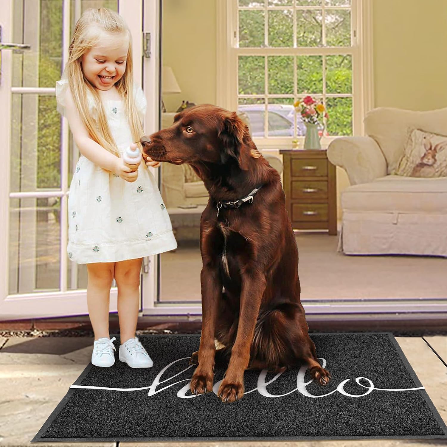 EARTHALL Door Mat Outside Inside Hello Doormat, 36"x24", Durable Floor Mat Non Slip Mat Ultra Absorb Mud Easy Clean Front Doormat for Garage, Entryway, Patio, High Traffic Areas, Black