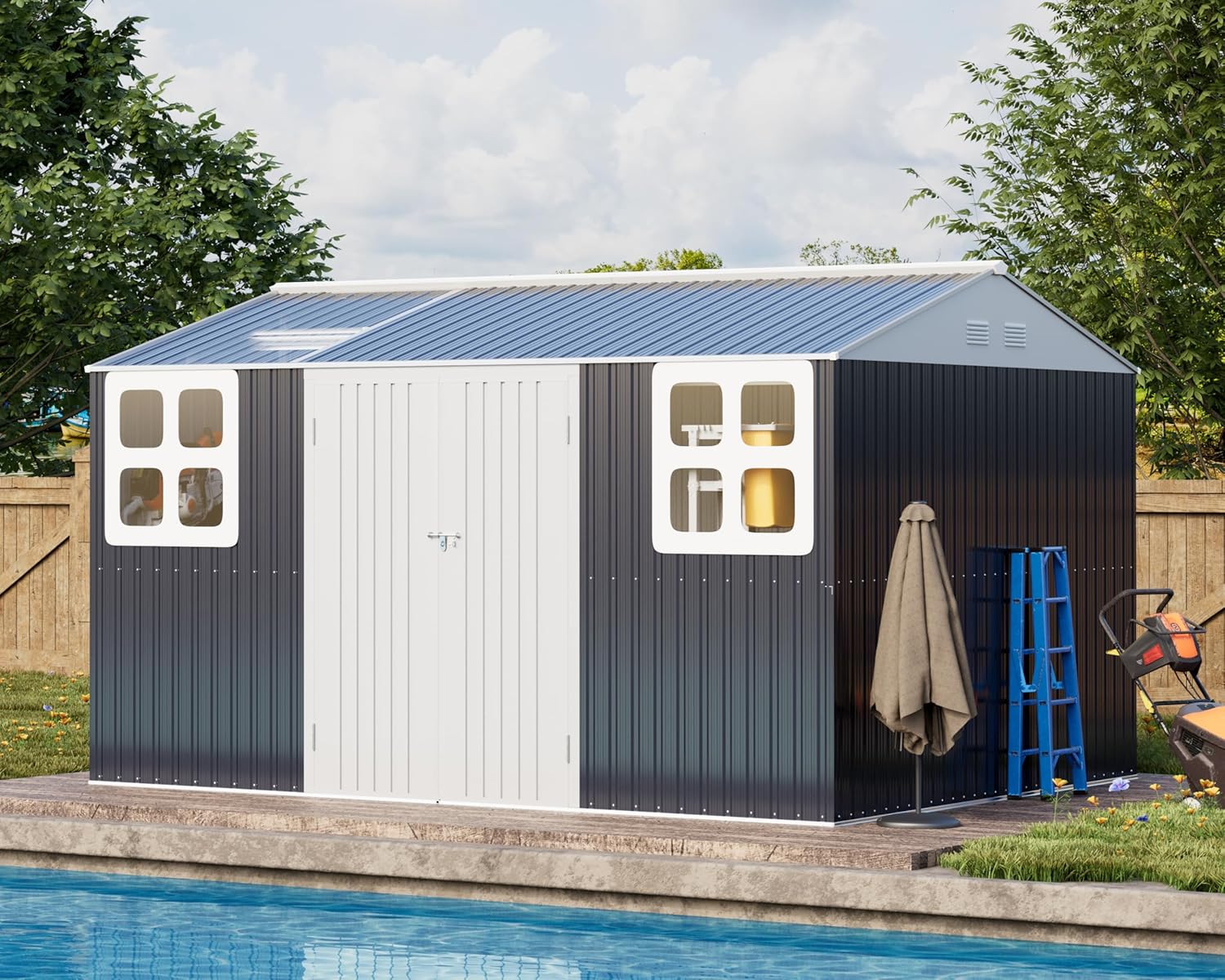 12x10 FT Metal Shed Heavy-Duty, Outdoor Storage Garden Sheds with Reinforced Steel Frame & Customizable Skylight, Weatherproof Galvanized Tool Tiny House for Backyard, Patio, and Lawn