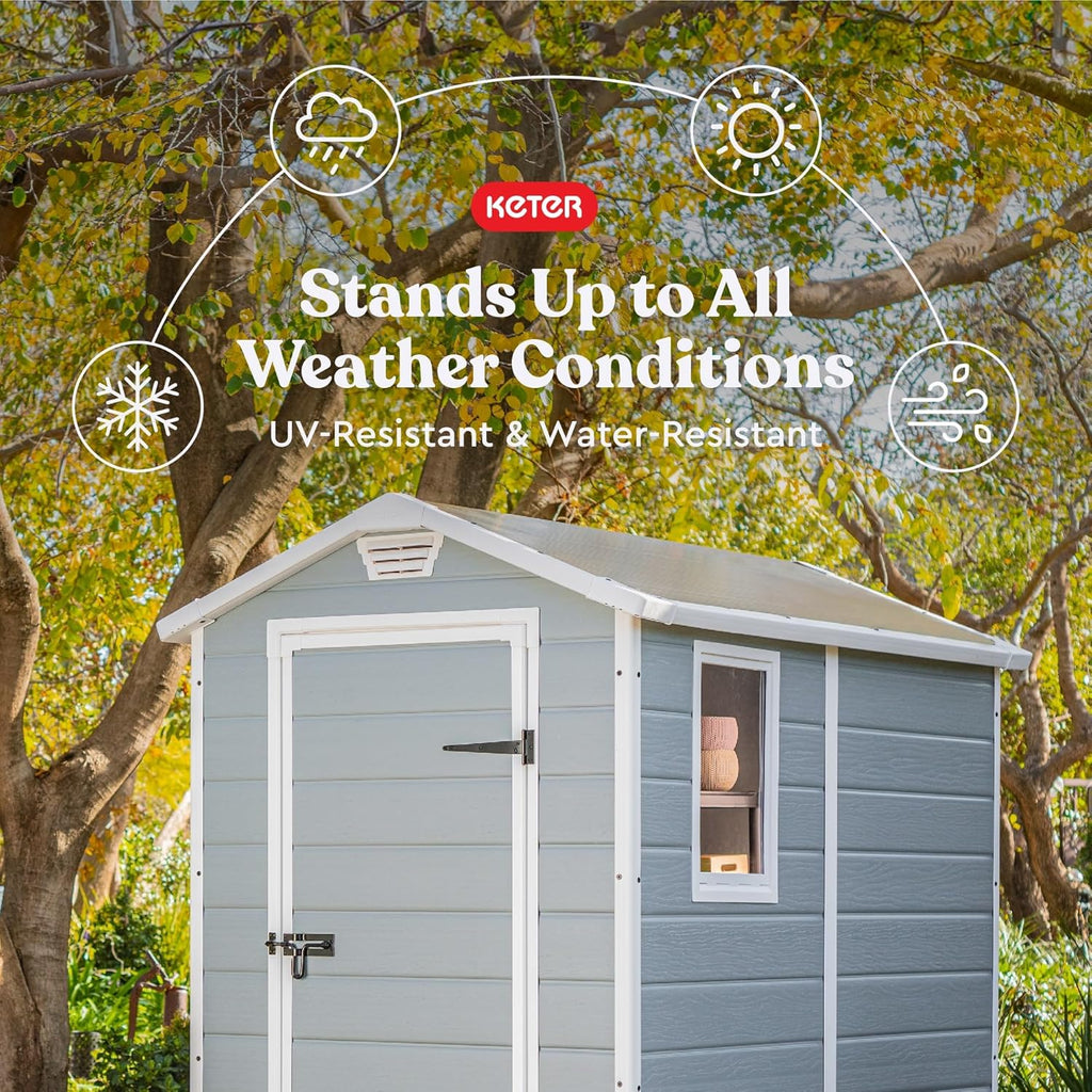 Keter Manor 4x6 Resin Outdoor Storage Shed Kit-Perfect to Store Patio Furniture, Garden Tools Bike Accessories, Beach Chairs and Lawn Mower, Grey & White