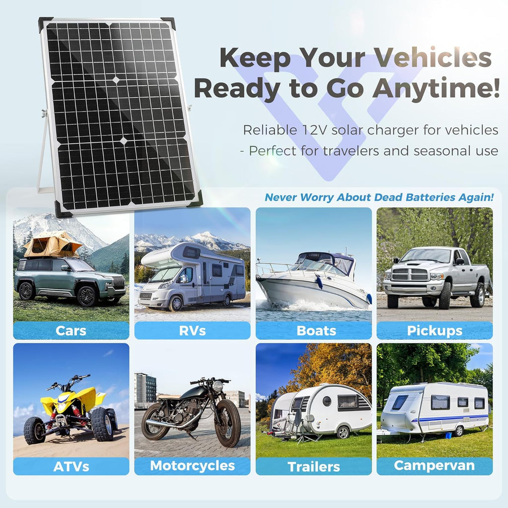 Solar Panel Kit 30W 12V, Solar Battery Trickle Charger Maintainer, Waterproof Solar Panel + Upgrade Charge Controller + Adjustable Mount Bracket for Boat RV Motorcycle Marine