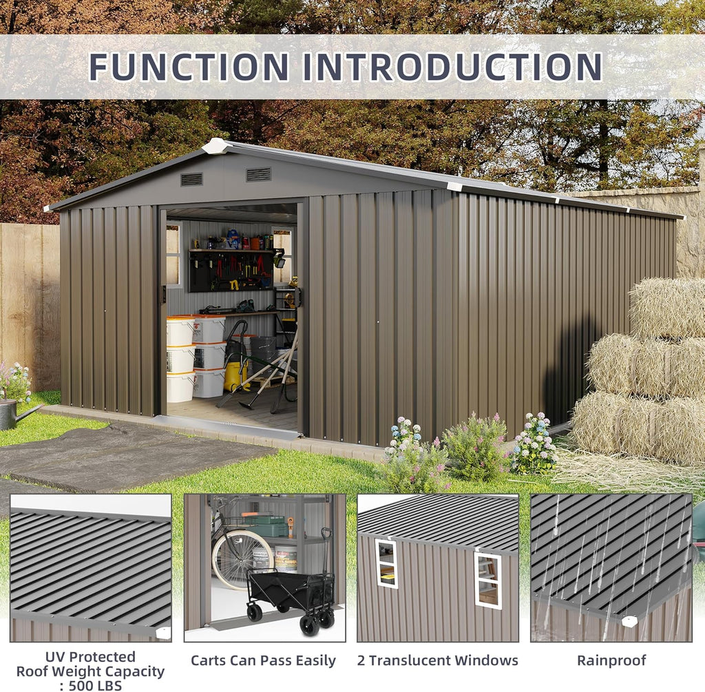 12 x 10 FT Outdoor Storage Shed, Metal Garden Tool Shed with Slooping Roof, Lockable Doors, All-Weather Bike Shed Easy to Assemble for Backyard, Patio, Lawn, Brown