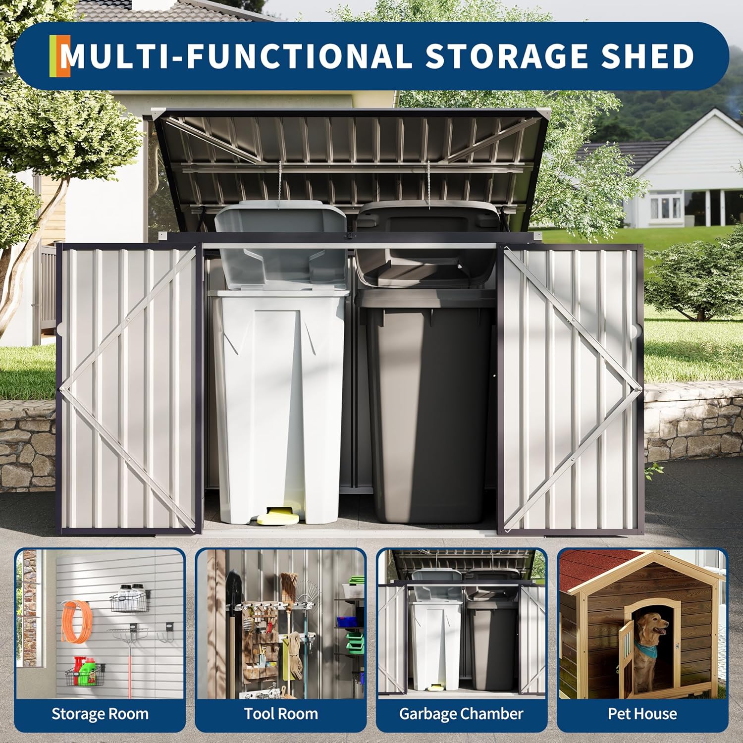 2 Trash Cans Metal Outdoor Storage, 3x6 FT Garbage Bin Storage Shed with Chain Lid, Garbage Can Metal Sheds for Garden, Backyard, Lawn and Patio