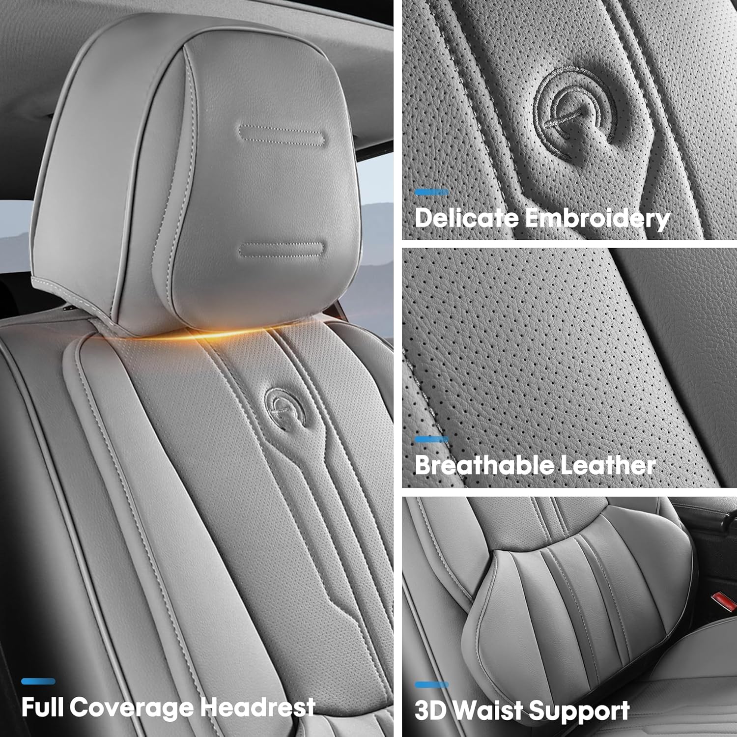 AOOG Front Seat Covers, Car Seat Covers Front Seats, Leather Seat Covers for Cars, Waterproof Seat Covers with Lumbar Support Universal Fit for Most Cars SUV Trucks(Front Pair, Grey)