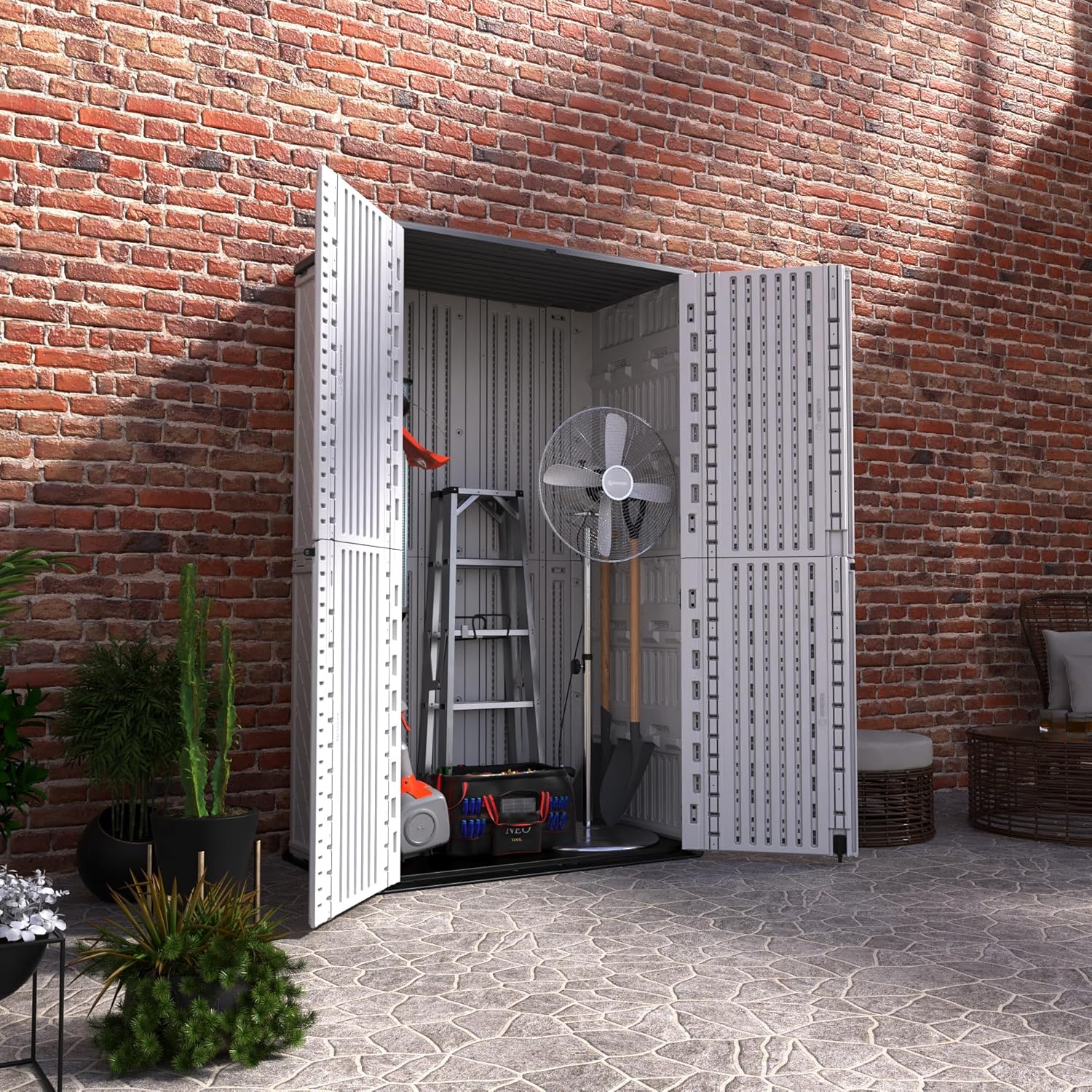 ADDOK Vertical Outdoor Storage Shed with Floor, 54 Cu Ft Outdoor Storage Cabinet with Lockable Double Doors, All-Weather Durable Plastic Construction for Patio, Backyard, Lawn and Garden, White