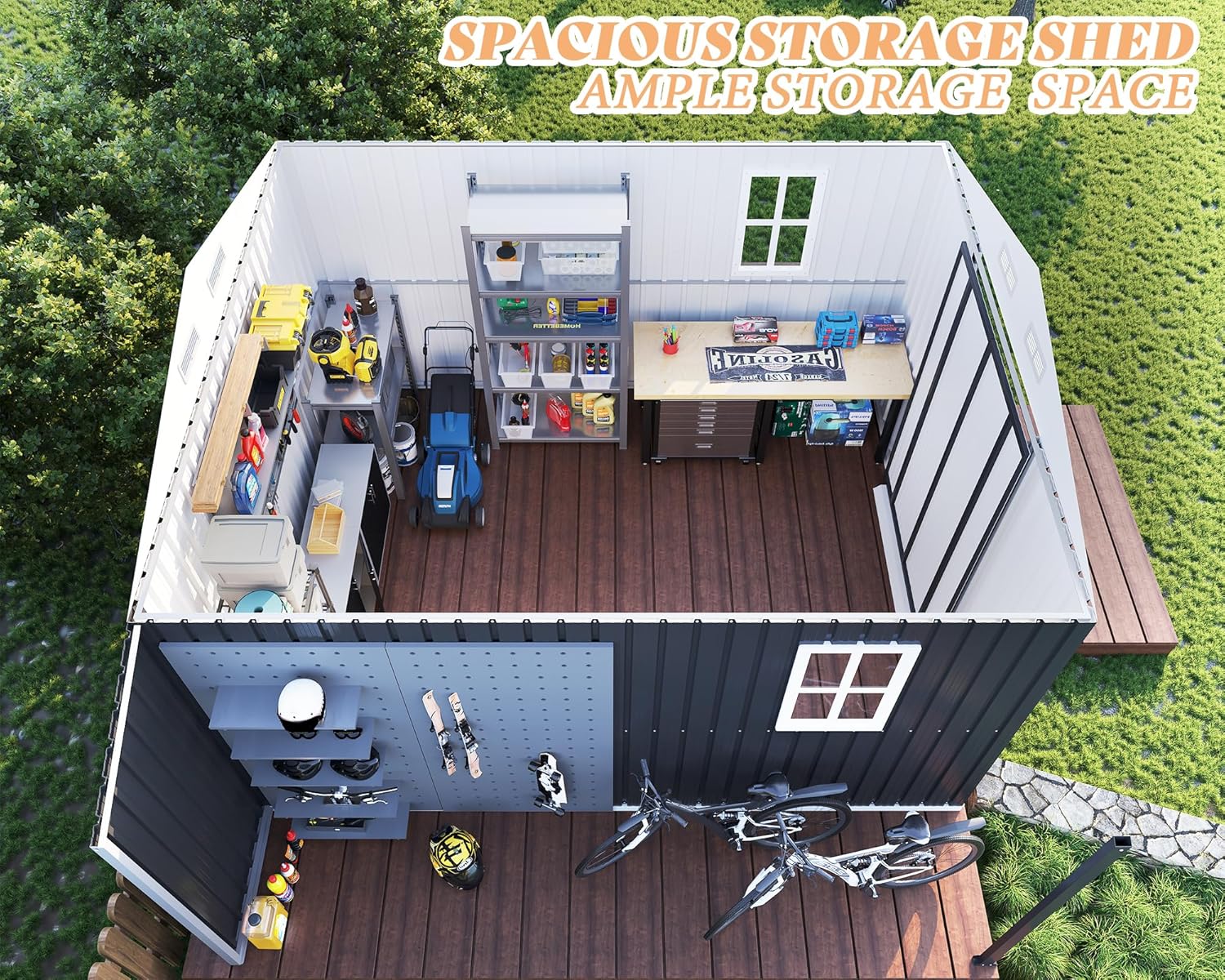 AMERLIFE 10.6x10.3x6.3 FT Galvanized Metal Storage Shed with Open Firewood Bay, Sliding Doors & Ramp, 2 Windows & Vents, Weather-Resistant Outdoor Tool/Garden Shed, Dark Grey/White
