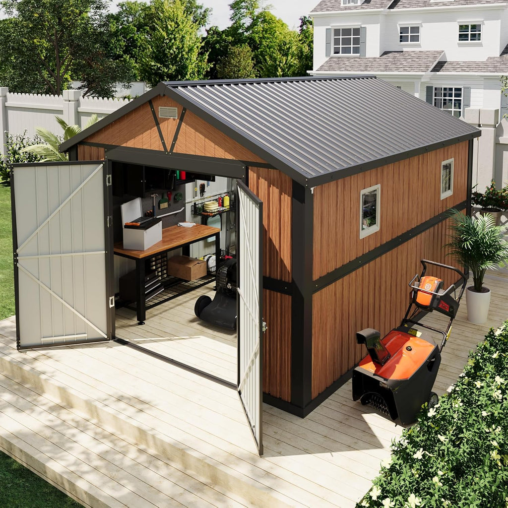 10x12FT Outdoor Storage Shed, Metal Garden Shed with Lockable Doors and Windows, Large Tool Shed for Backyard, Patio and Lawn