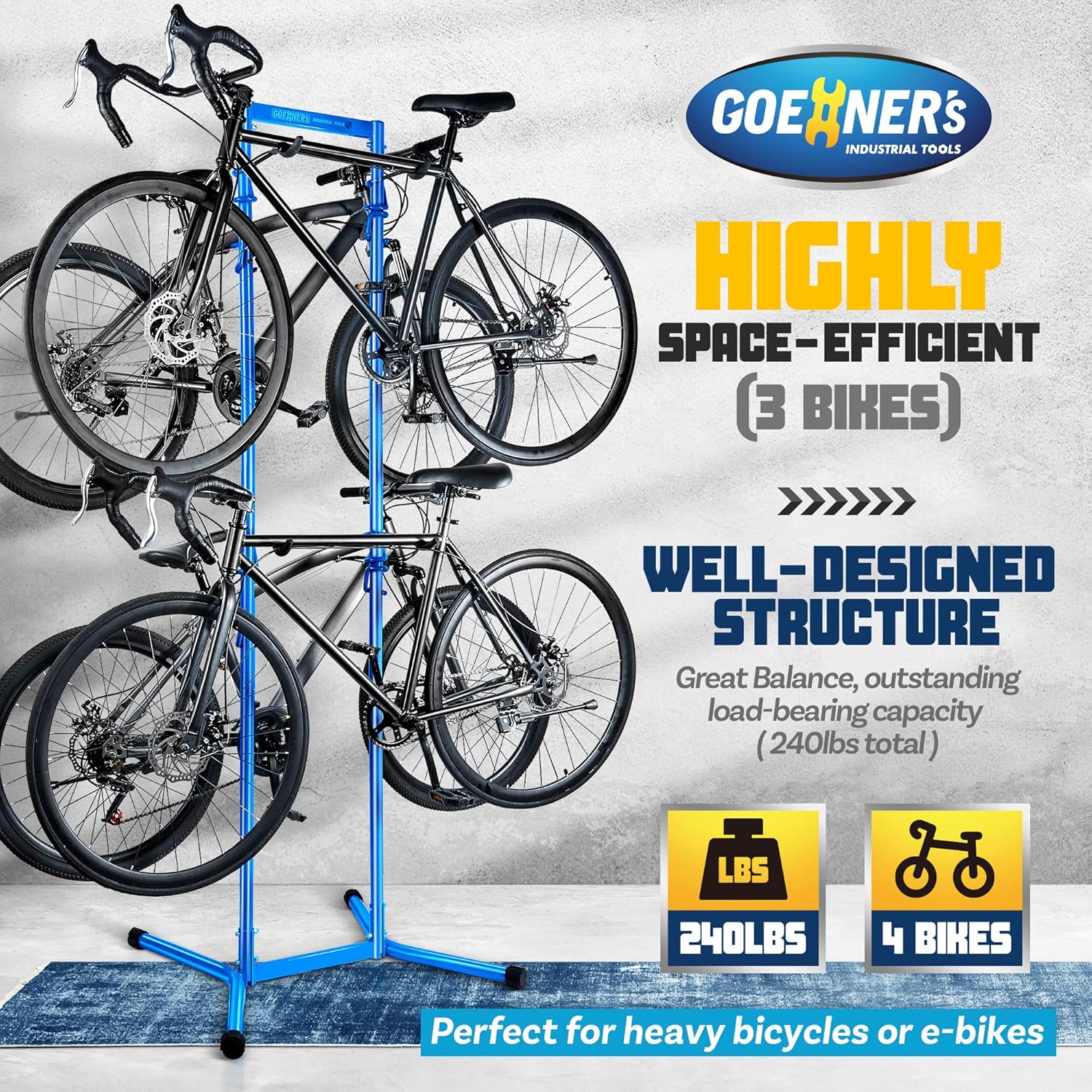 4 Bike Storage Rack Garage(Max 240lbs), Freestanding Gravity Bicycle Rack with Fully Adjustable Arms, Drill-free, Vertical Bike Floor Stand for Indoor Storage, Suitable for Any Bike Styles