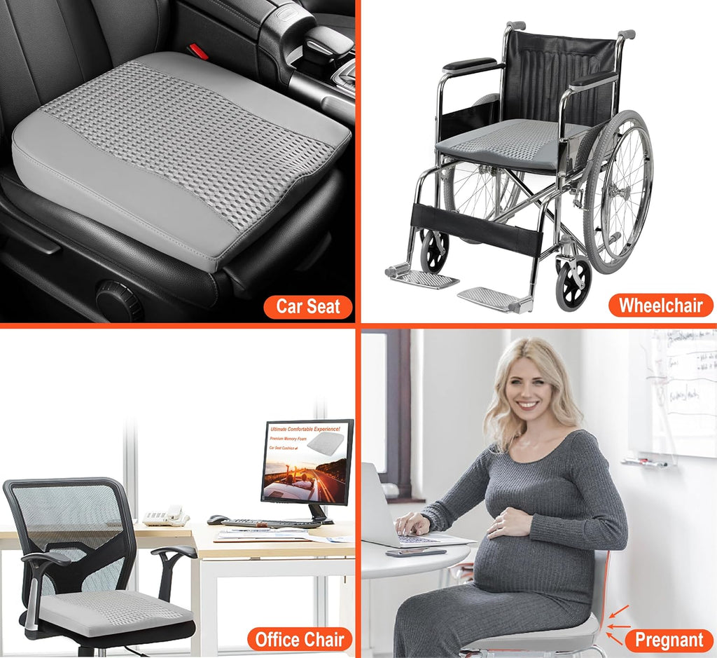 Car Seat Cushion, Comfort Memory Foam Car Cushions for Driving - Sciatica & Lower Back Pain Relief, Driver Seat Pillow for Auto, Office Chair, Wheelchair - 4D Mesh Gray