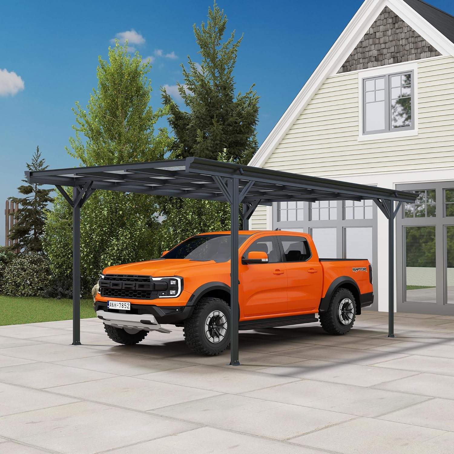 Real Relax 10×16ft Heavy Duty Carport, Pitched-Roof Polycarbonate Panel Canopy, Garage for Trucks, SUVs and Boats, All-Weather Outdoor Storage Car Port, Gray