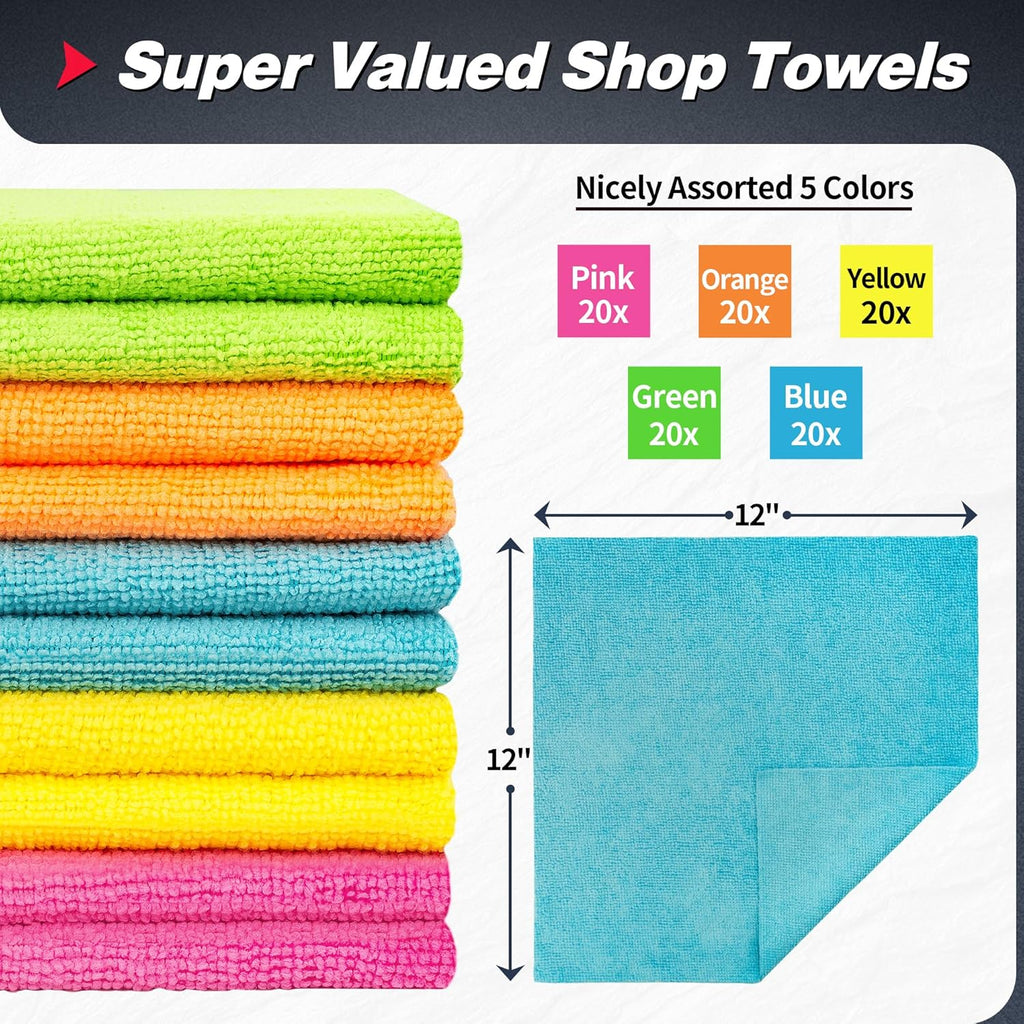 FIXSMITH Microfiber Cleaning Cloth, 100 Pack Shop Towels, Micro Fiber Cloth for Cleaning Car, All-Purpose Absorbent Cleaning Rags for Housekeeping, Dust Cloth for Office, Car Wash Towels, 12inx12in
