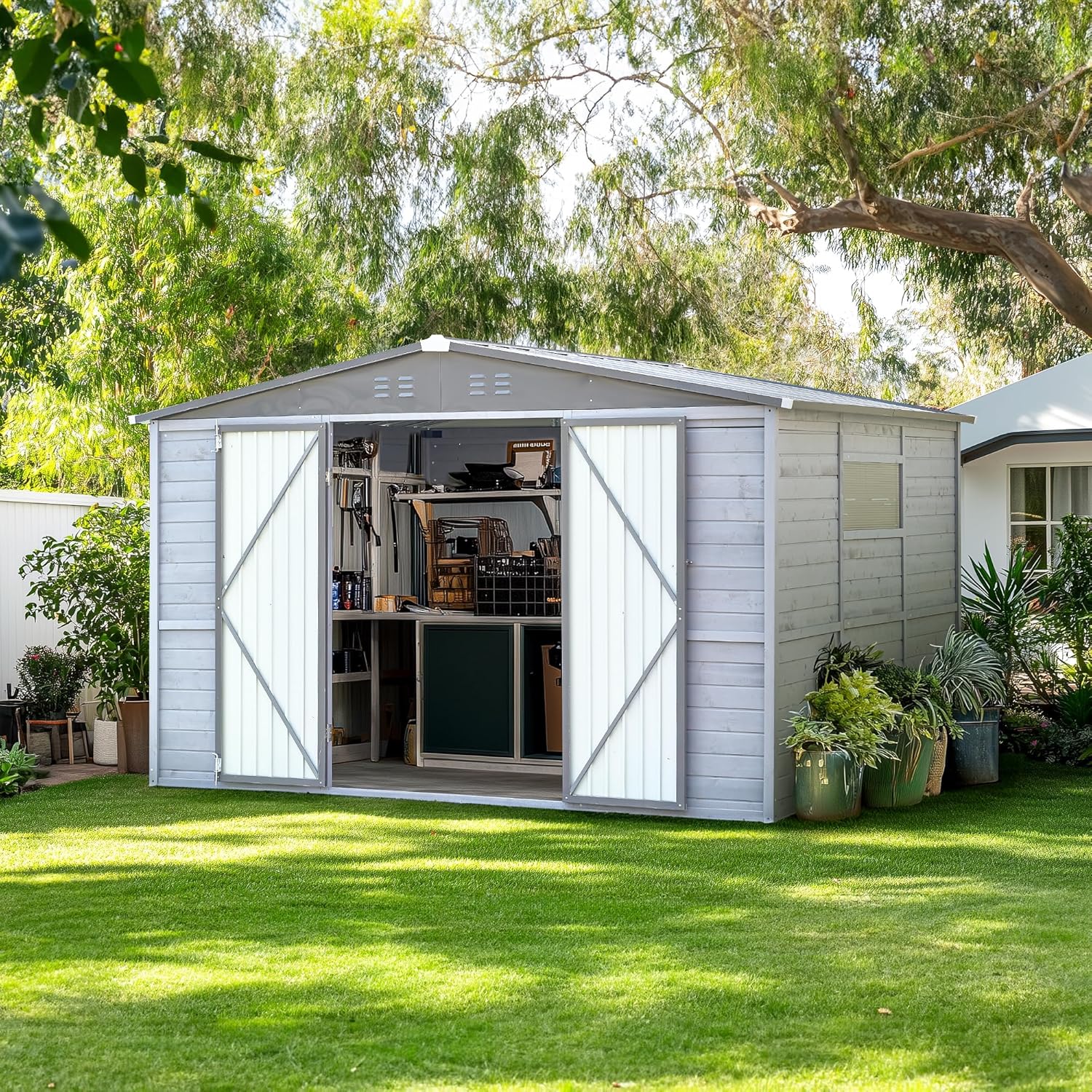 MyVoice 8x10 FT Wooden Outdoor Storage Shed with 4 Vents & 2 Adjustable Windows, DIY Cedar Tool Shed Kit, Garden Bike Firewood Storage, Waterproof Backyard Outdoor Shed for Patio, Lawn, Yard & Garage