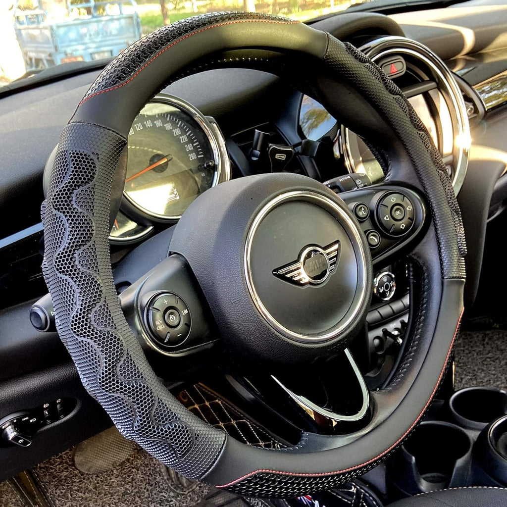 PINCTROT Small Size Steering Wheel Cover Great Grip with 3D Honeycomb Anti-Slip Design, 14 Inch (Black/Red Stitch)