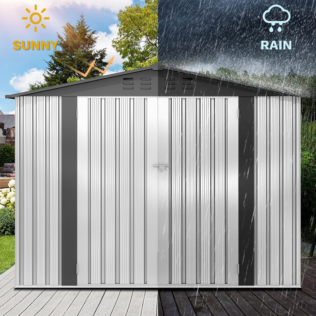 DWVO 8x6FT Outdoor Storage Shelter, Roomy Steel Tool Shed with Secure Entrances & Air Circulation for Patio, Lawn, and Backyard, Ideal for Storing Garden Gear, Lawn Tools, and Bikes, White